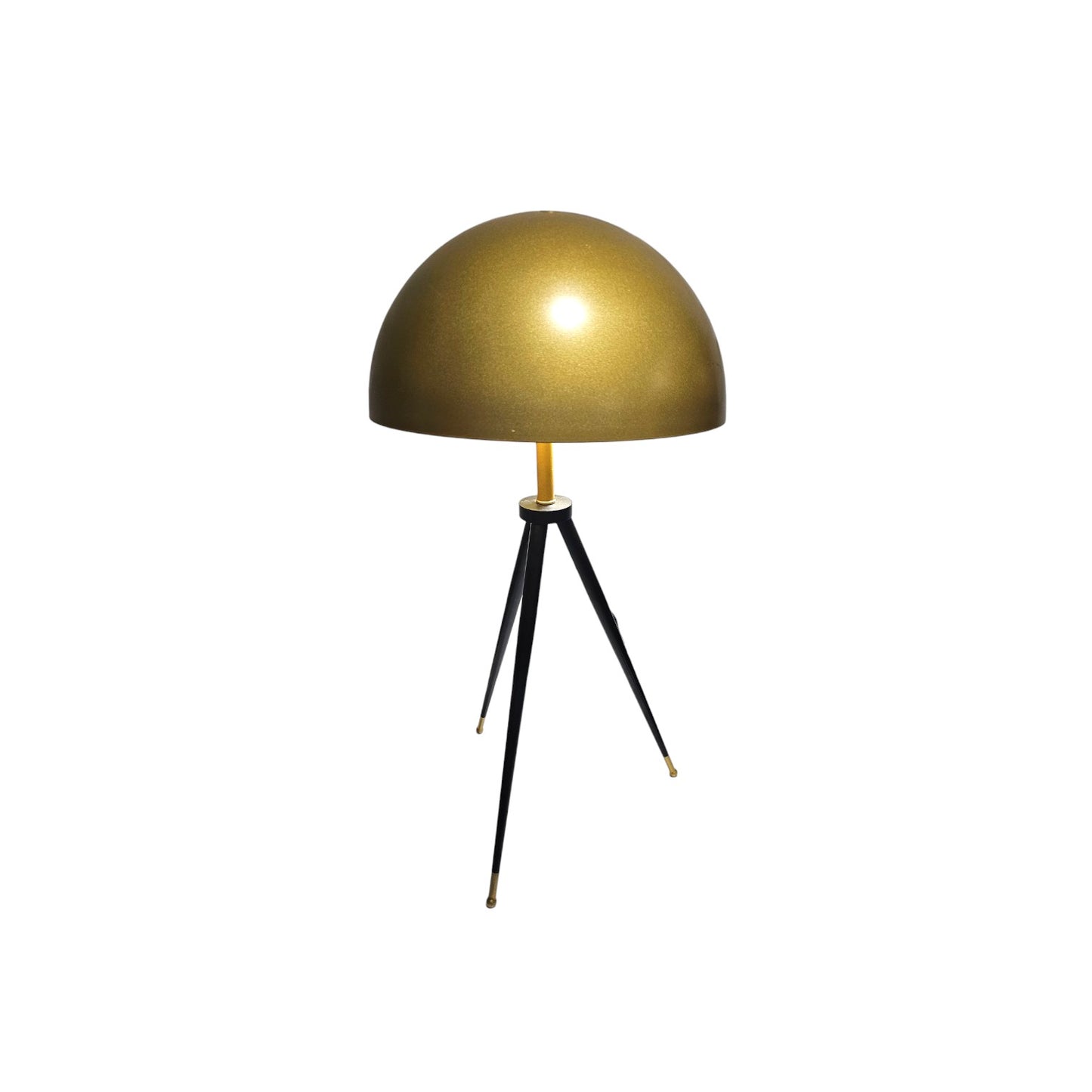 Midcentury tripod lamp, sleek lamp shade with wooden legs.