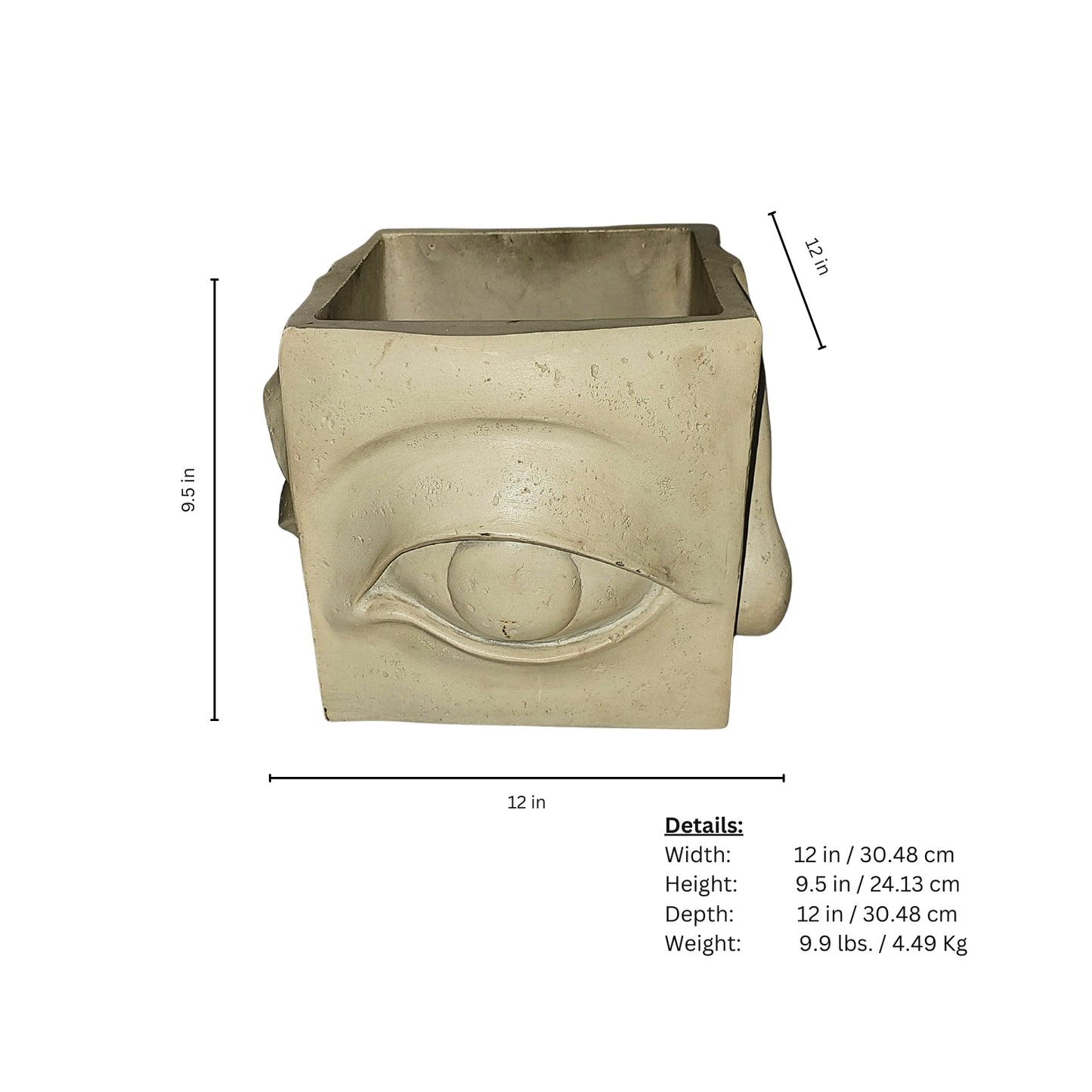 Decorative planter with eye design and dimensions on a white background