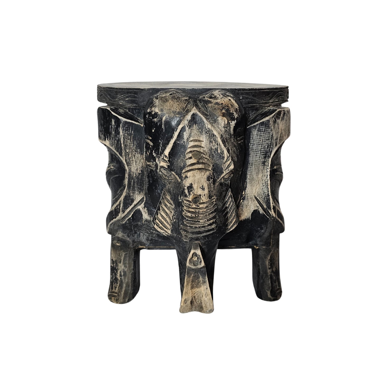 Behold the intricately hand-carved Wood Faded Black Elephant Footstool, complete with a dark brown wash!.