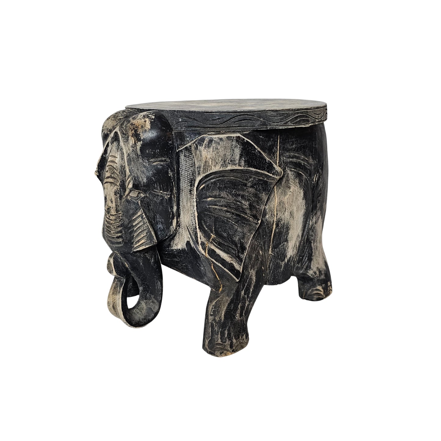 Behold the intricately hand-carved Wood Faded Black Elephant Footstool, complete with a dark brown wash!