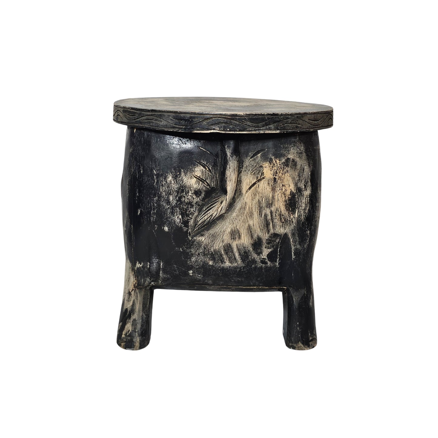 Behold the intricately hand-carved Wood Faded Black Elephant Footstool, complete with a dark brown wash!