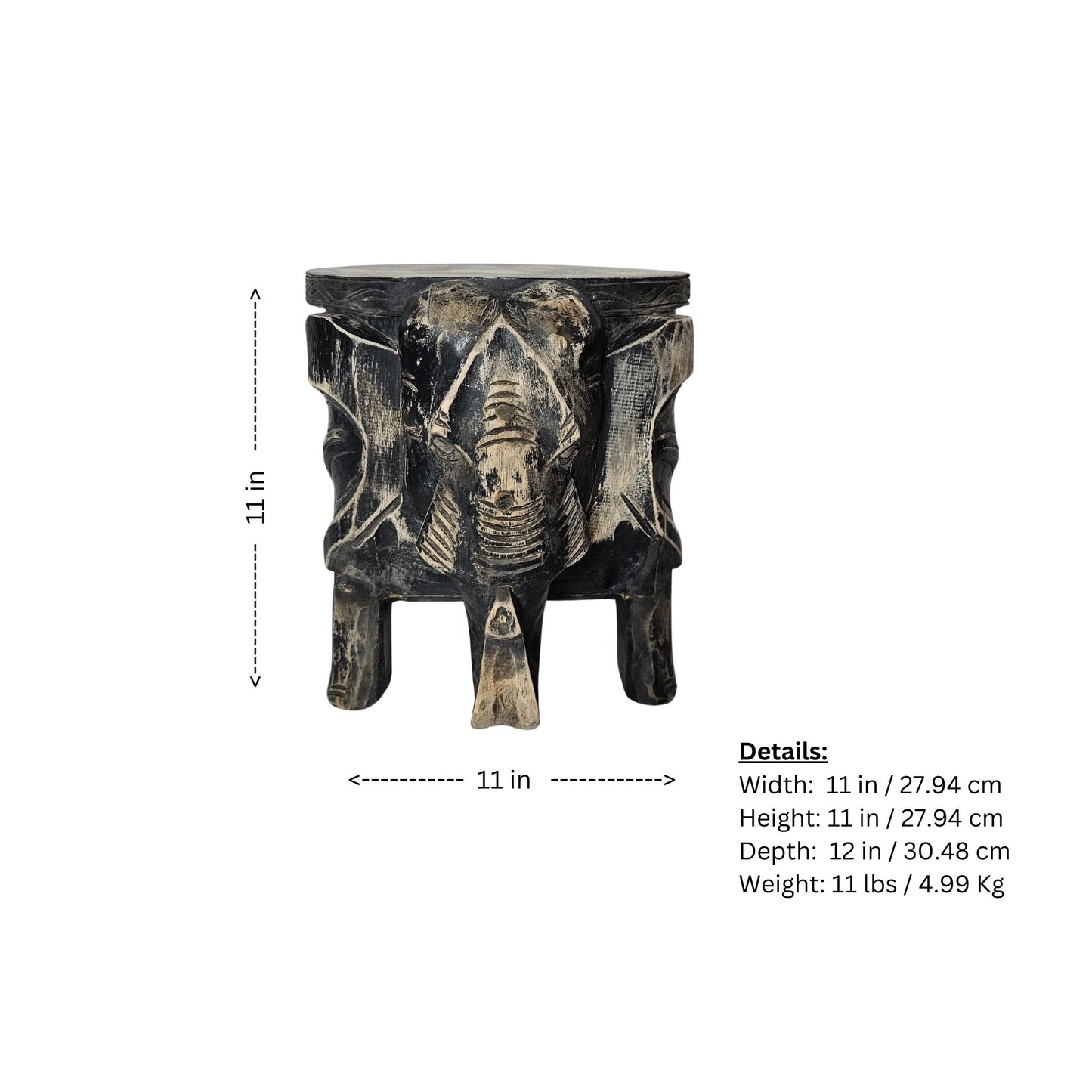 Behold the intricately hand-carved Wood Faded Black Elephant Footstool, complete with a dark brown wash!