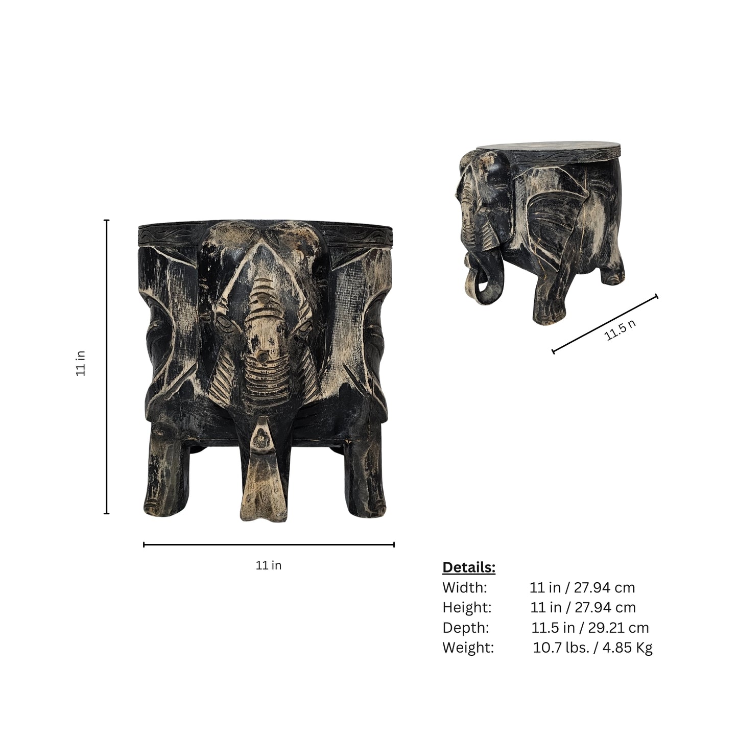 Measurements of the Black Worn Wood Elephant Footrest, handmade with intricate carvings, complete with a dark brown finish!