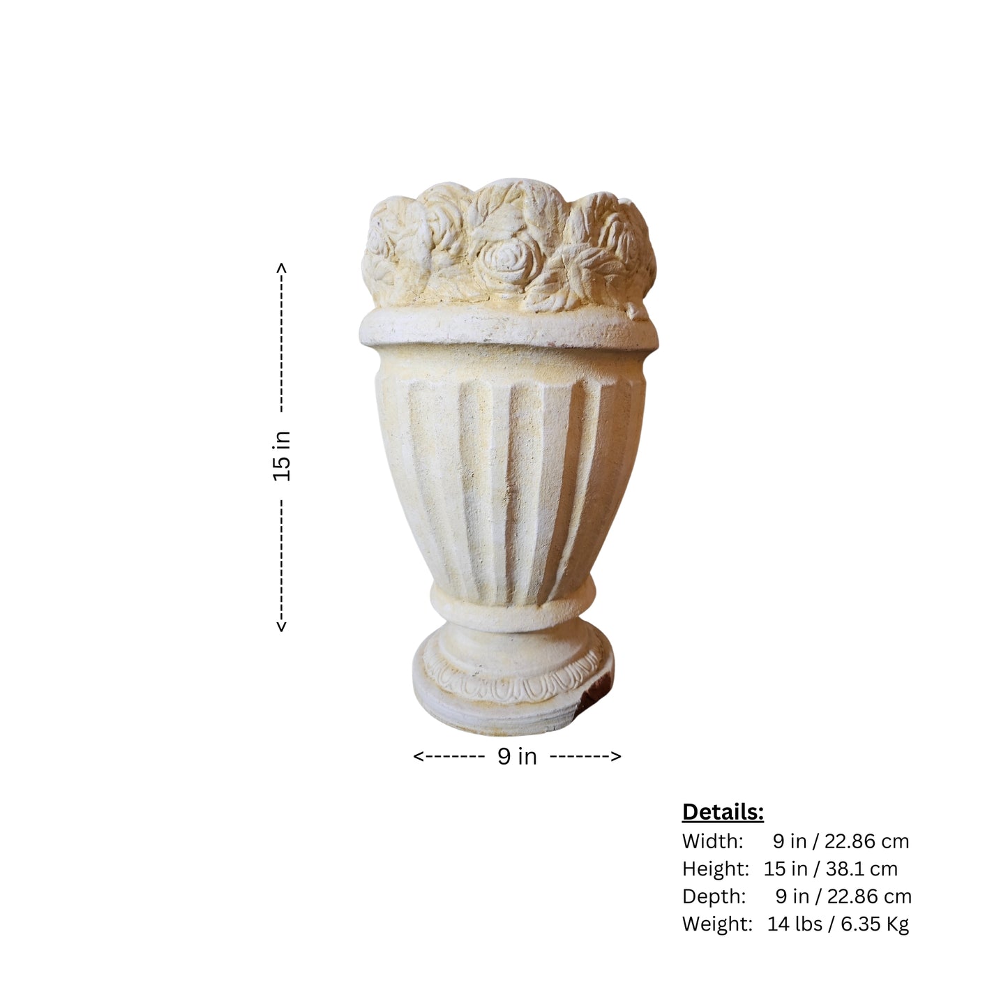 Concrete vase with vintage vibes for indoor or outdoor use.