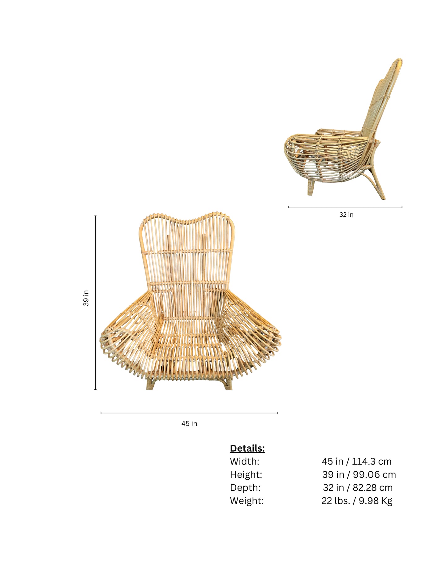 Rattan chair with dimensions and weight details on a white background