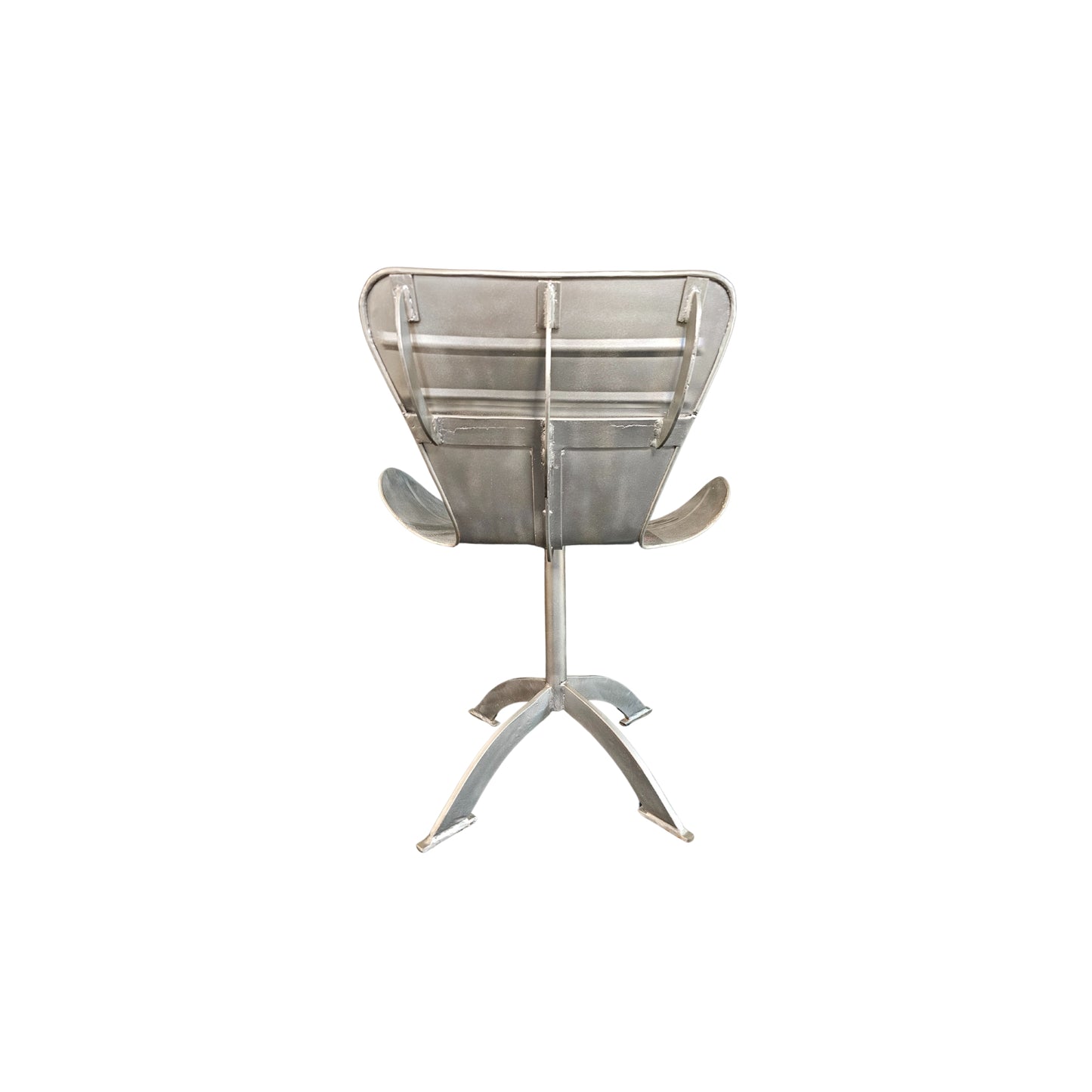 Two (2) unique sturdy chairs are made of thick industrial steel sheet, while the design is sleek and stylish. The style is reminiscent of designs by Artist Such as Arne Jacobsen and Pierre Paulin, but it is not. The design and profiling are high-quality and stylish, but the back, the legs and the way the steel is put together are surprisingly robust and industrial.
Period: 1950-1960