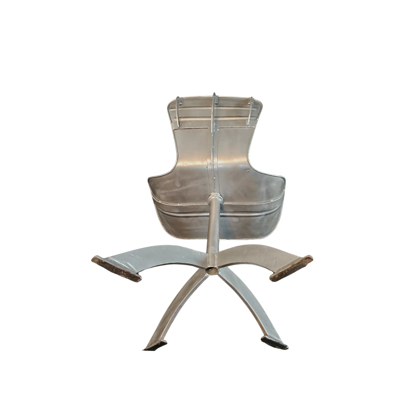 Two (2) unique sturdy chairs are made of thick industrial steel sheet, while the design is sleek and stylish. The style is reminiscent of designs by Artist Such as Arne Jacobsen and Pierre Paulin, but it is not. The design and profiling are high-quality and stylish, but the back, the legs and the way the steel is put together are surprisingly robust and industrial.
Period: 1950-1960