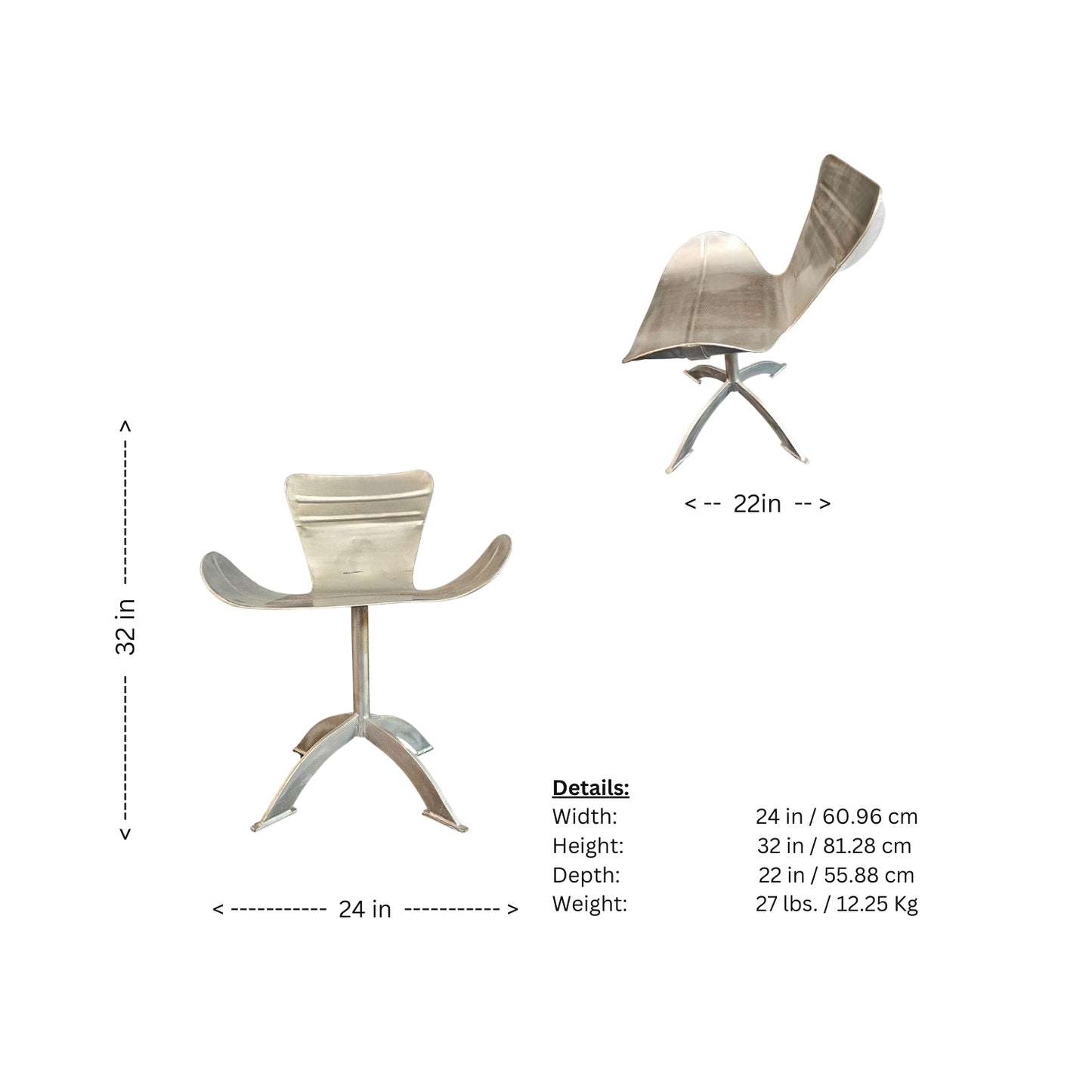 Two (2) unique sturdy chairs are made of thick industrial steel sheet, while the design is sleek and stylish. The style is reminiscent of designs by Artist Such as Arne Jacobsen and Pierre Paulin, but it is not. The design and profiling are high-quality and stylish, but the back, the legs and the way the steel is put together are surprisingly robust and industrial.
Period: 1950-1960