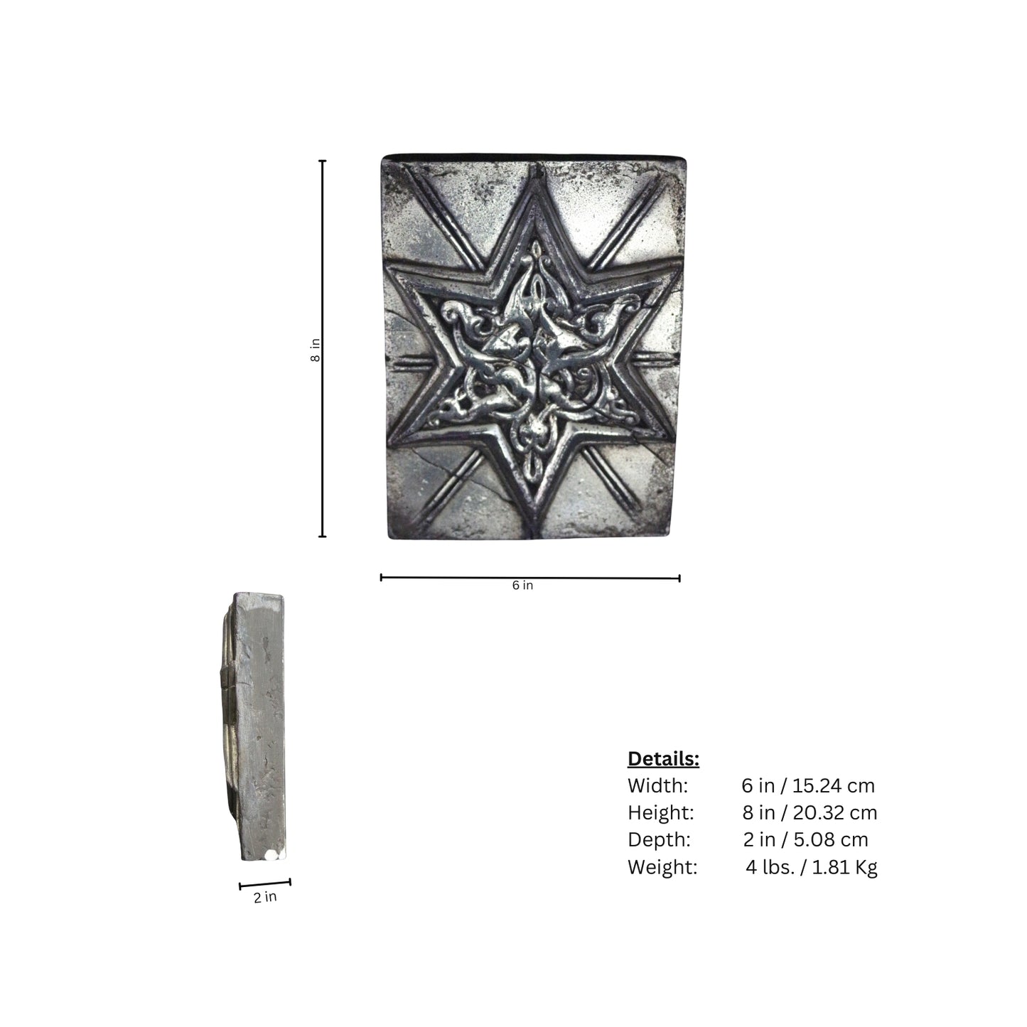 Decorative Sid Dickens with star design and measurements on a white background