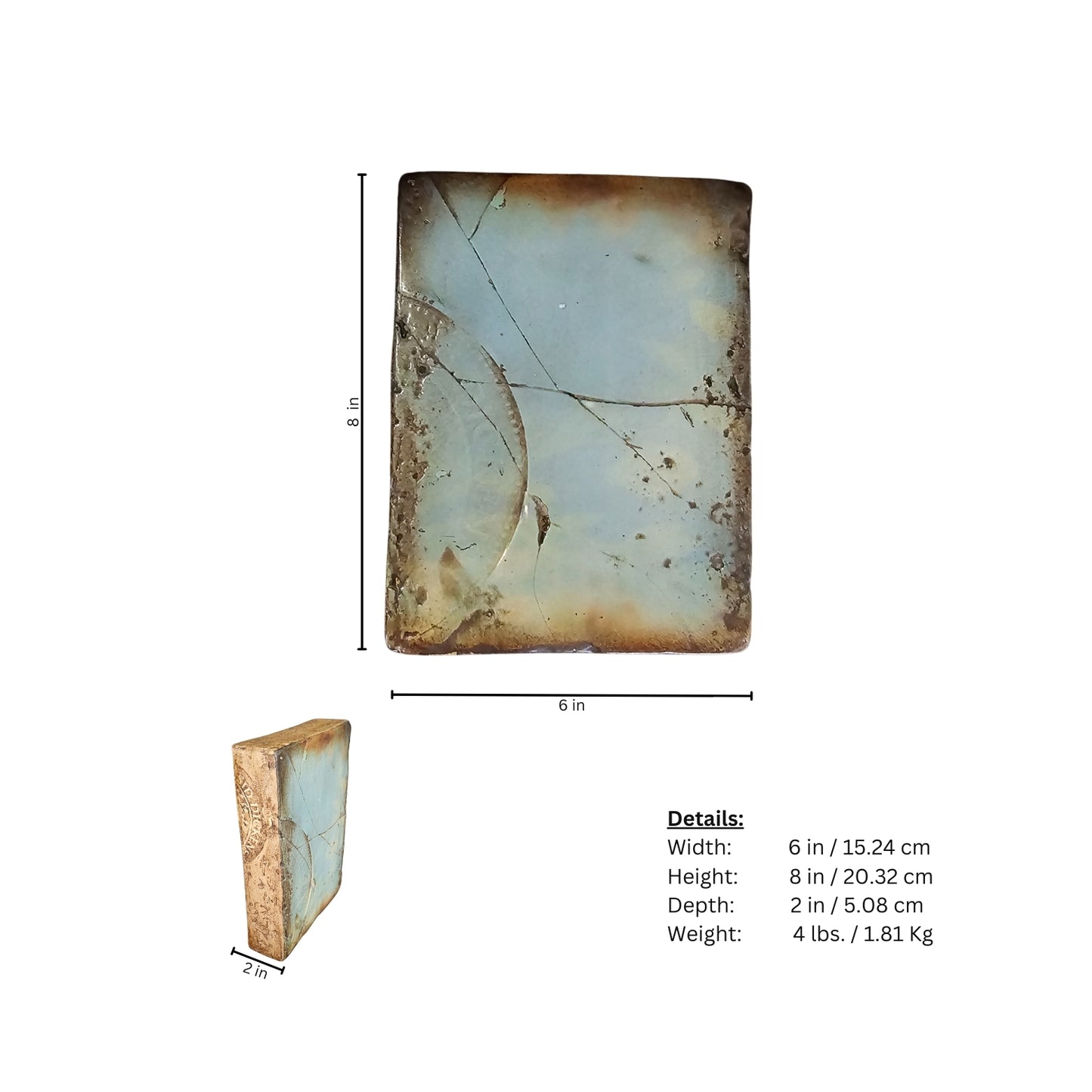 Rectangular stone with dimensions and weight details on a white background
