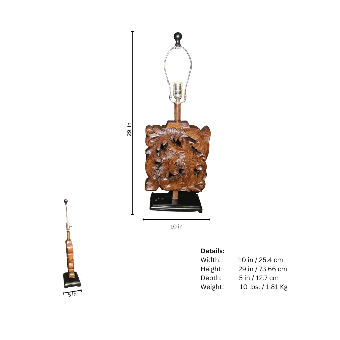 Wooden table lamp with dimensions and weight details on a white background