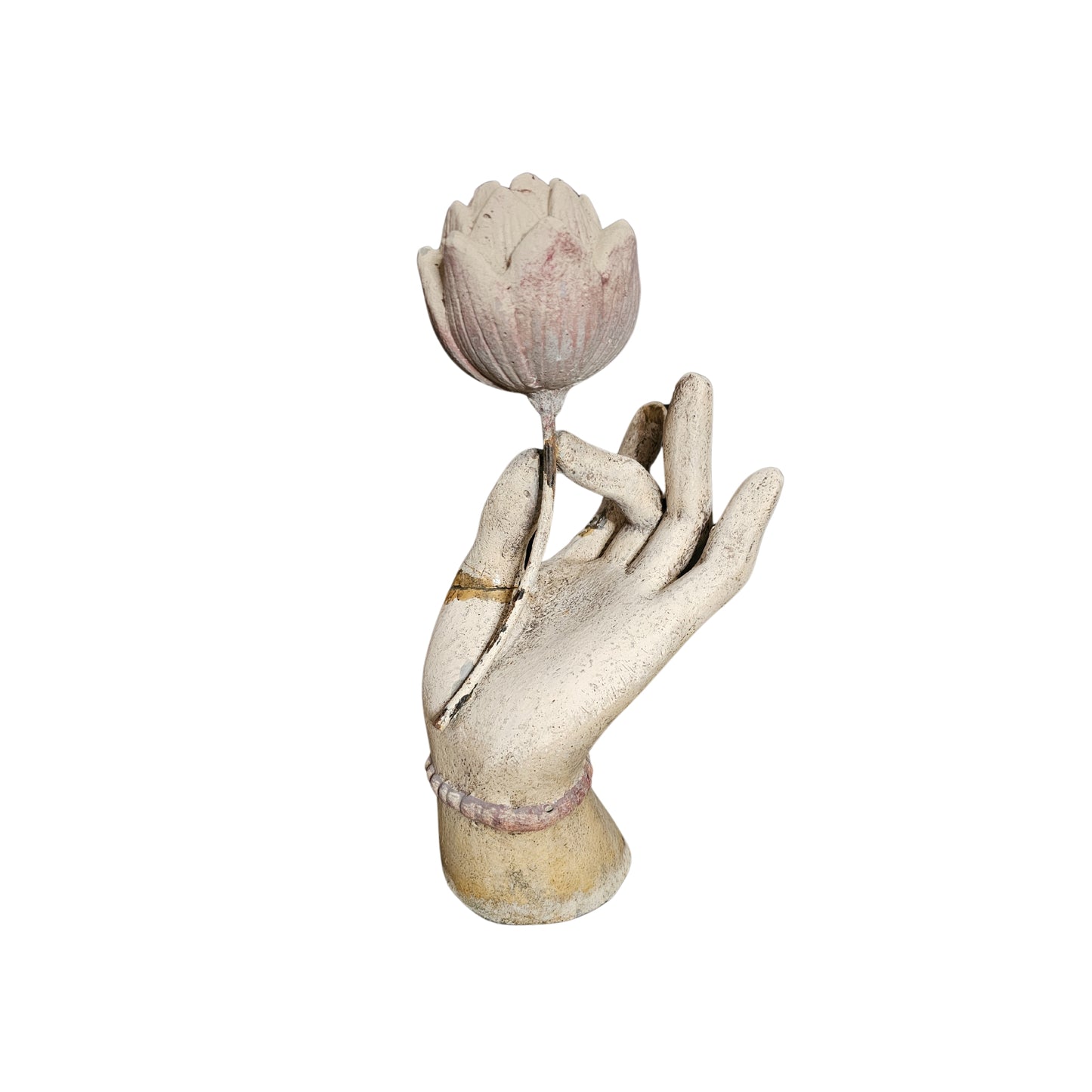 Take a bold risk with this hand holding lotus sculpture, symbolizing growth and transformation. Let it inspire you to take on new challenges and embrace the unknown. Add a touch of adventure to your home decor with this stunning piece.