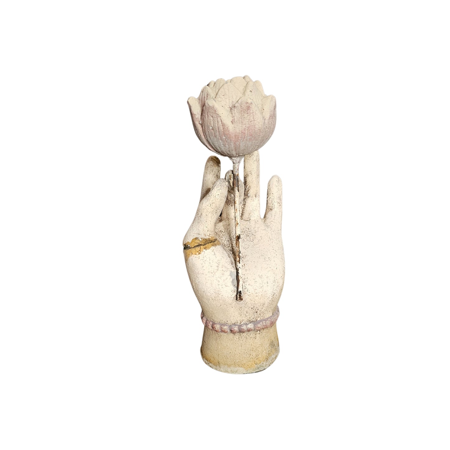 Take a bold risk with this hand holding lotus sculpture, symbolizing growth and transformation. Let it inspire you to take on new challenges and embrace the unknown. Add a touch of adventure to your home decor with this stunning piece.