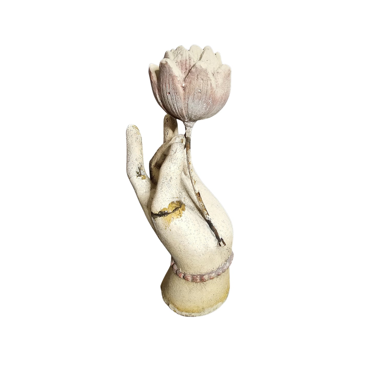 Take a bold risk with this hand holding lotus sculpture, symbolizing growth and transformation. Let it inspire you to take on new challenges and embrace the unknown. Add a touch of adventure to your home decor with this stunning piece.
