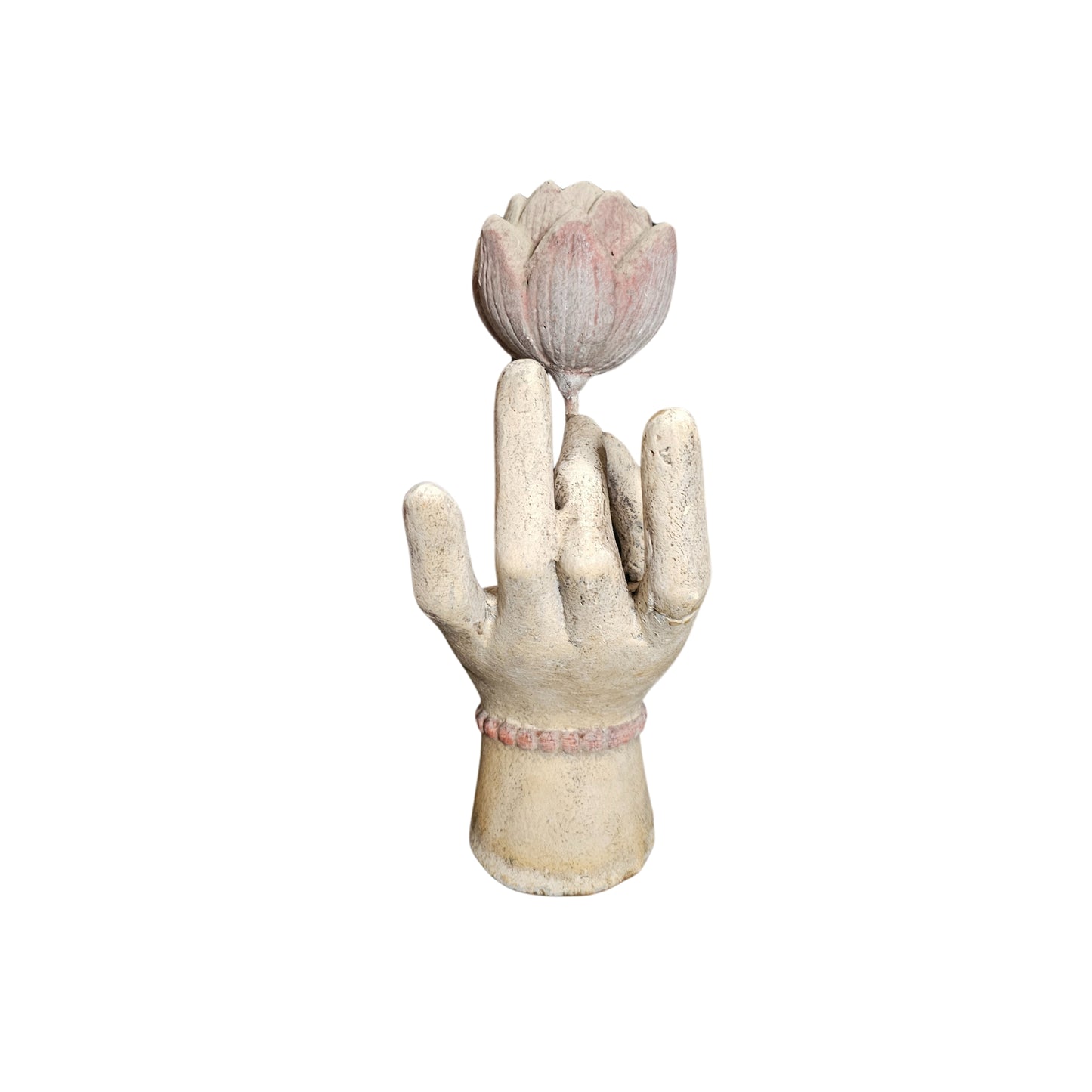 Take a bold risk with this hand holding lotus sculpture, symbolizing growth and transformation. Let it inspire you to take on new challenges and embrace the unknown. Add a touch of adventure to your home decor with this stunning piece.