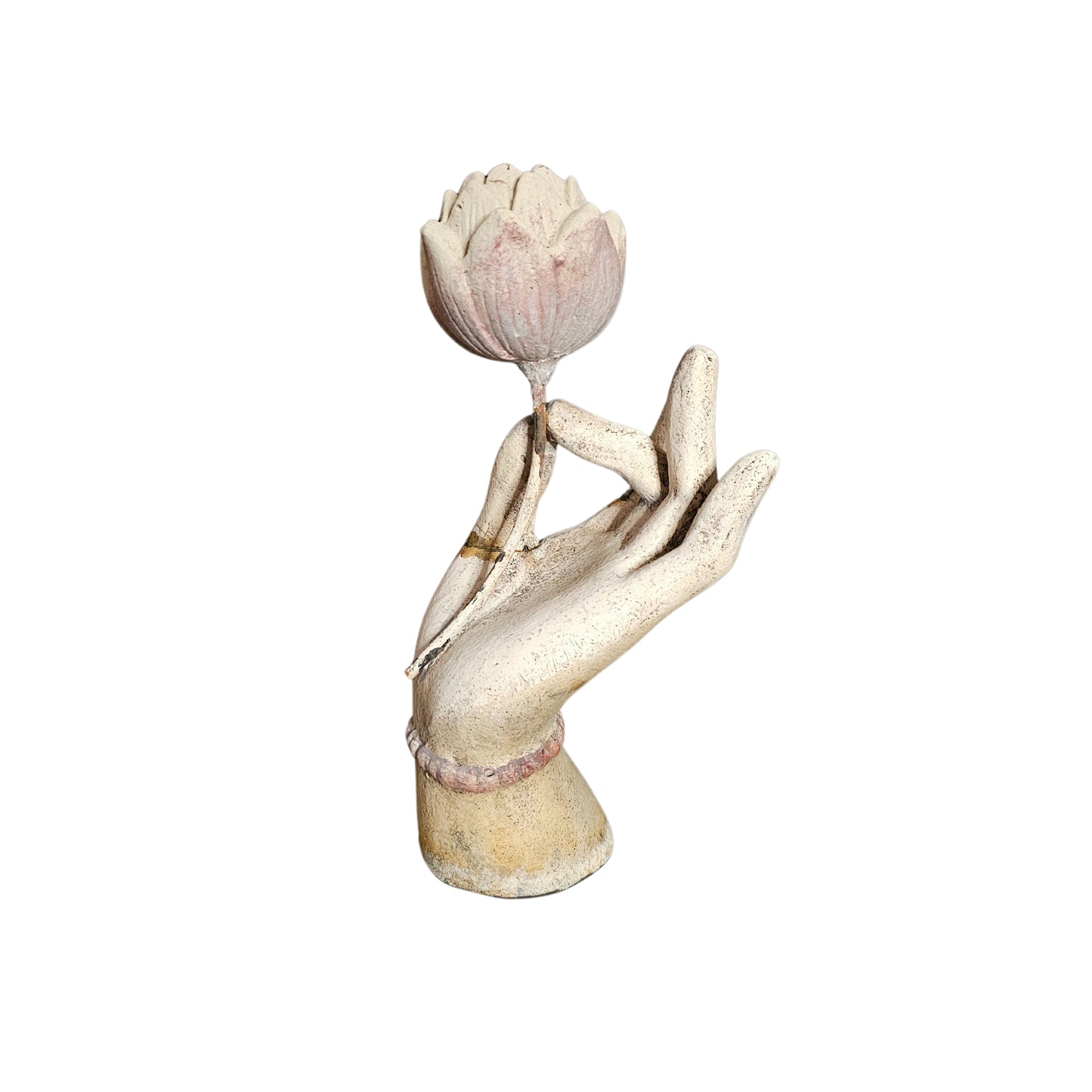 Take a bold risk with this hand holding lotus sculpture, symbolizing growth and transformation. Let it inspire you to take on new challenges and embrace the unknown. Add a touch of adventure to your home decor with this stunning piece.
