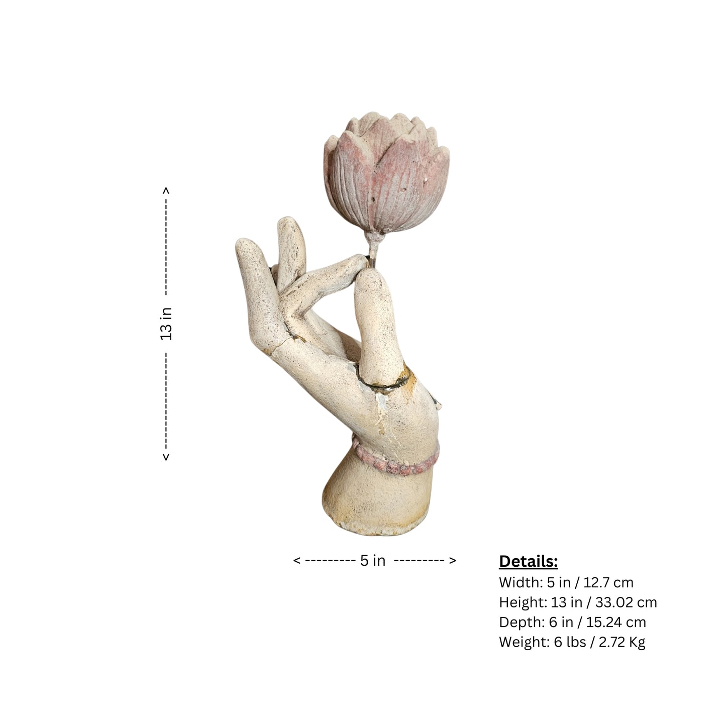 Take a bold risk with this hand holding lotus sculpture, symbolizing growth and transformation. Let it inspire you to take on new challenges and embrace the unknown. Add a touch of adventure to your home decor with this stunning piece.