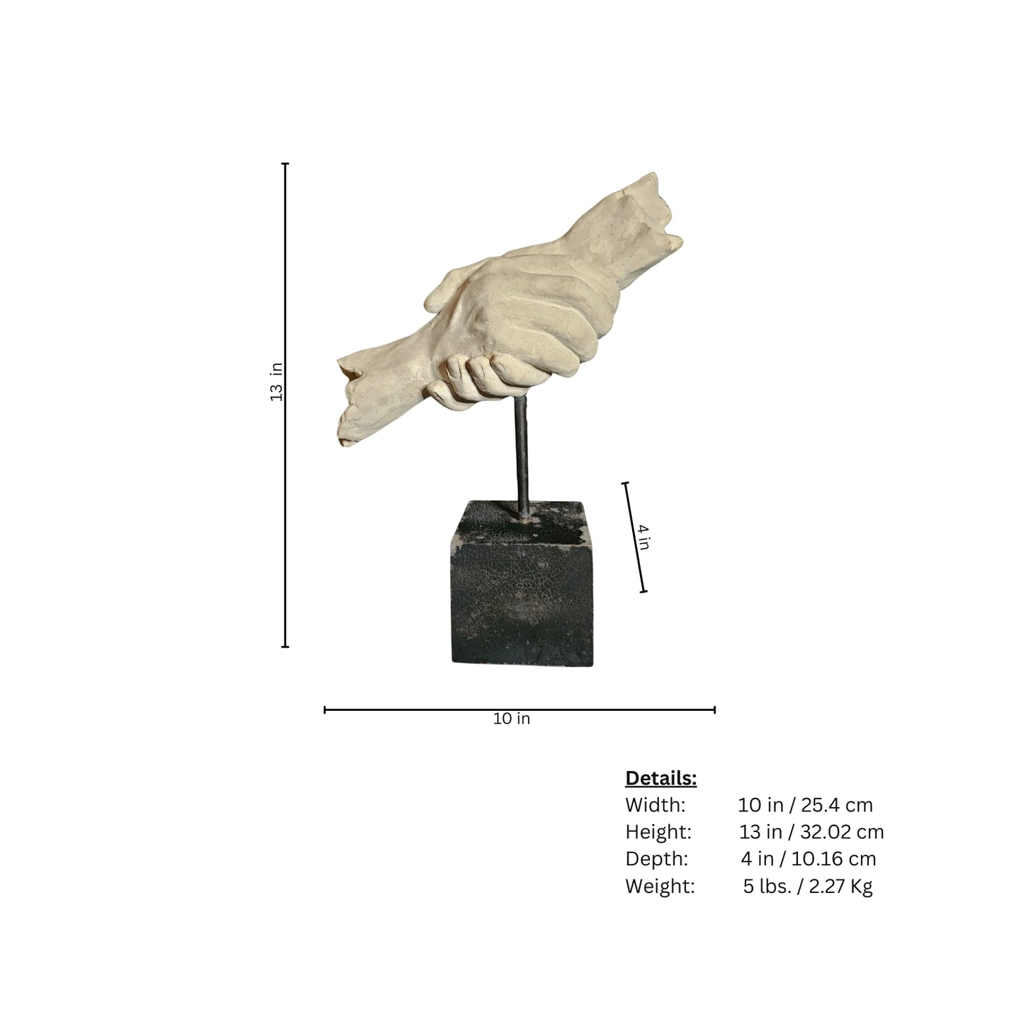 Decorative sculpture of a hand on a black base with measurements and details.