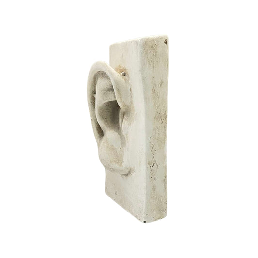 Side view decorative wall plaque of a plaster ear on a white background