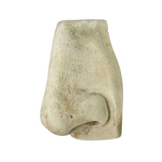 Side view of plaster sculpture of a nose on a white background