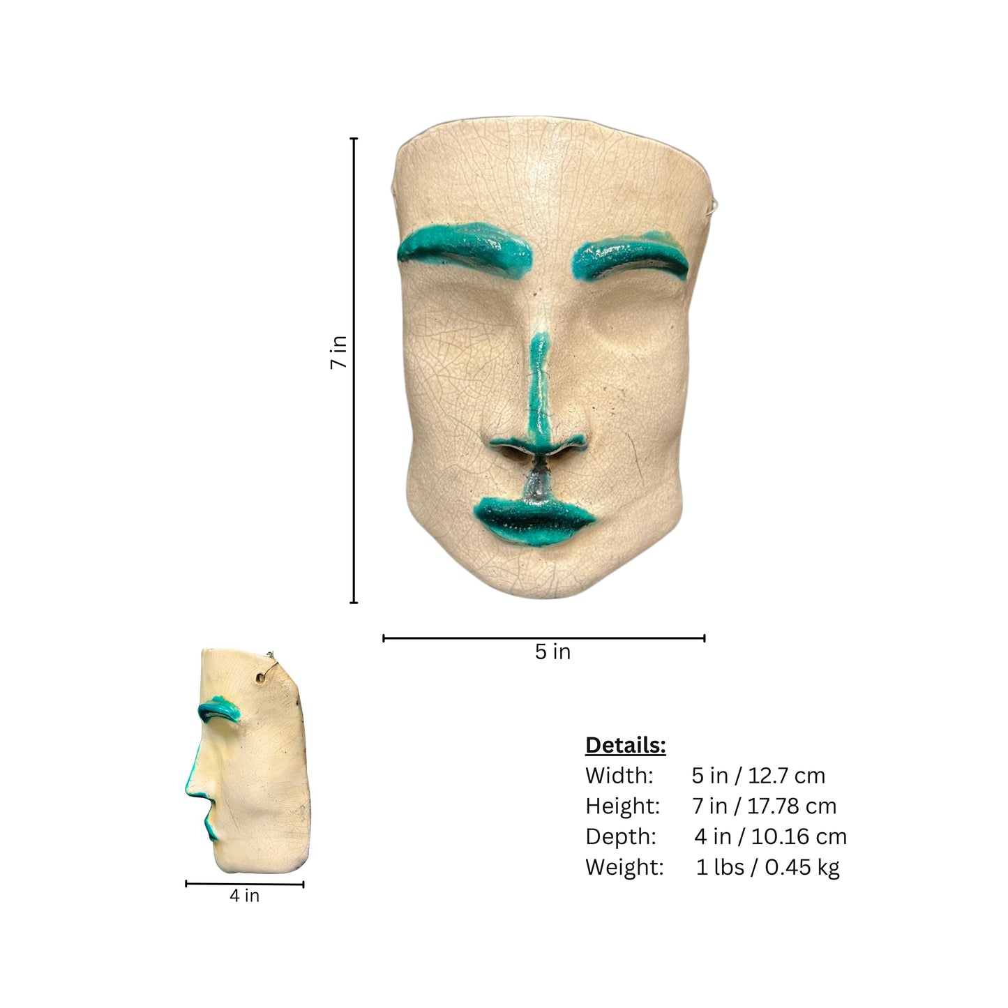Page of ceramic facial sculpture measurements with teal accents on a white background