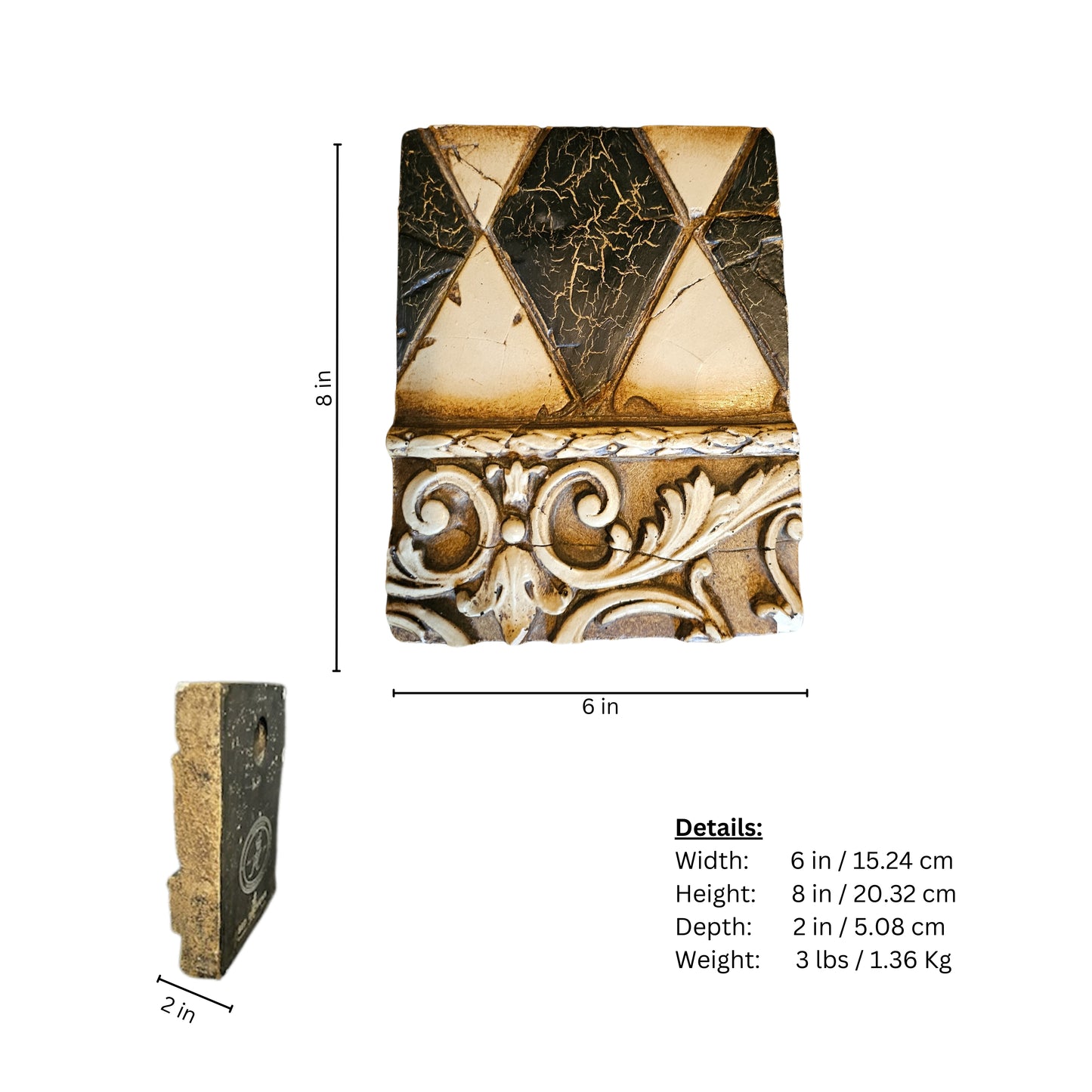 Page of dimensions for decorative wall plaque with geometric pattern on white background