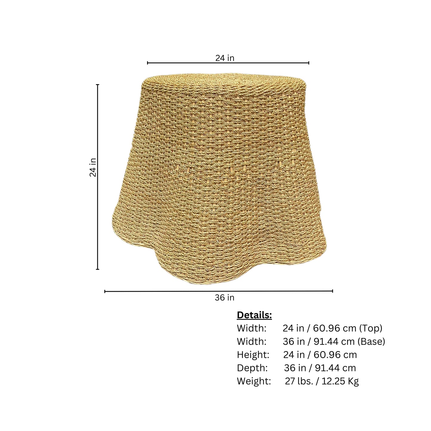 Page of measurements of the bamboo and wicker table on a white background