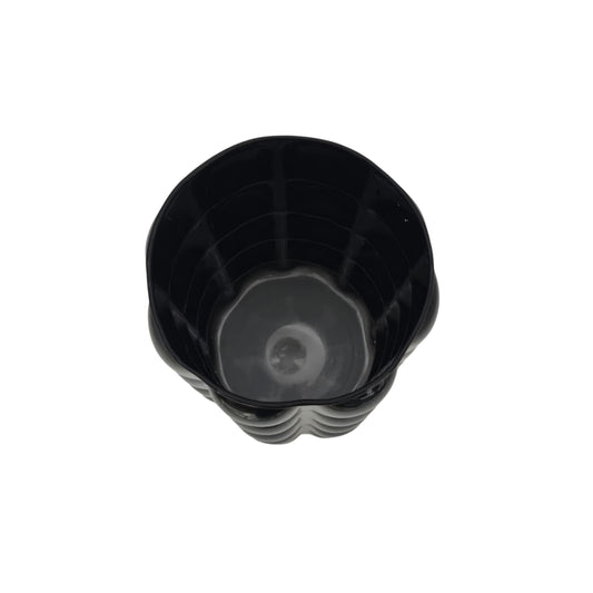 Top view of a black textured decorative cylindrical vase on a white background