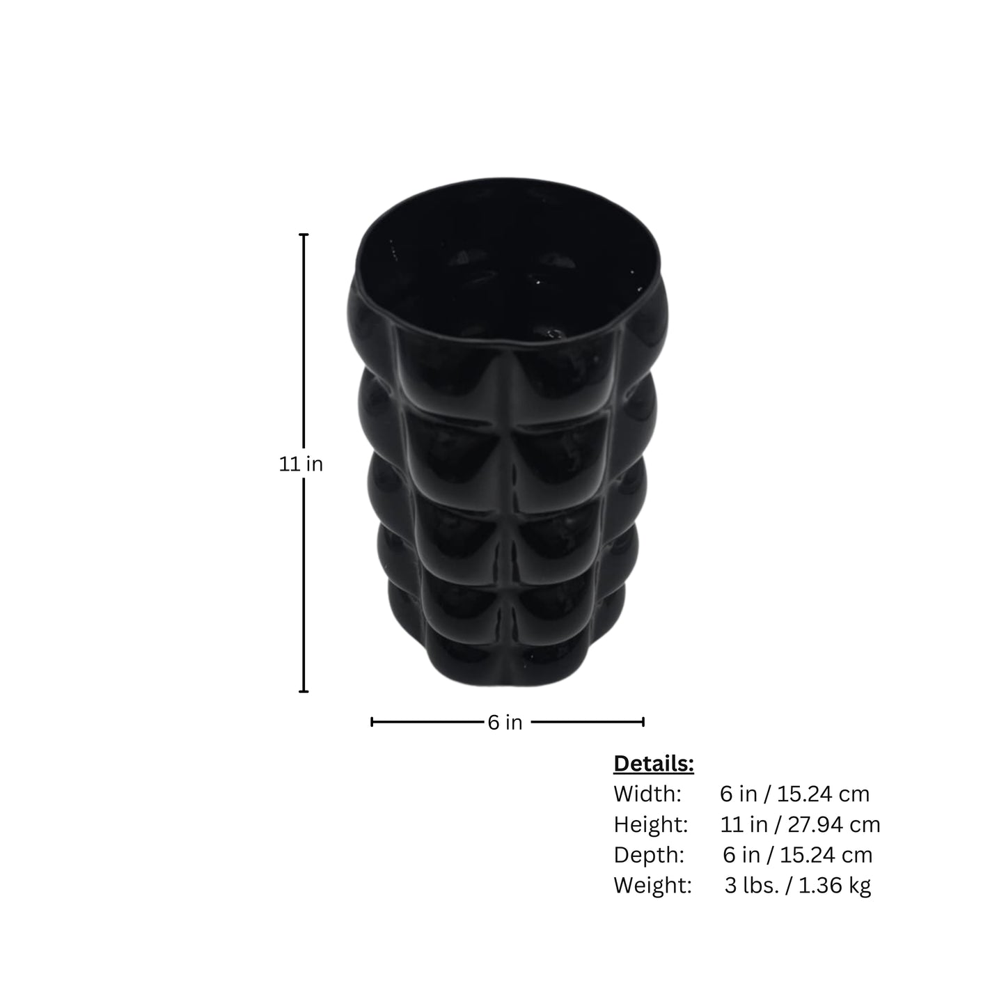 Page of measurements of a textured black decorative cylindrical vase on a white background
