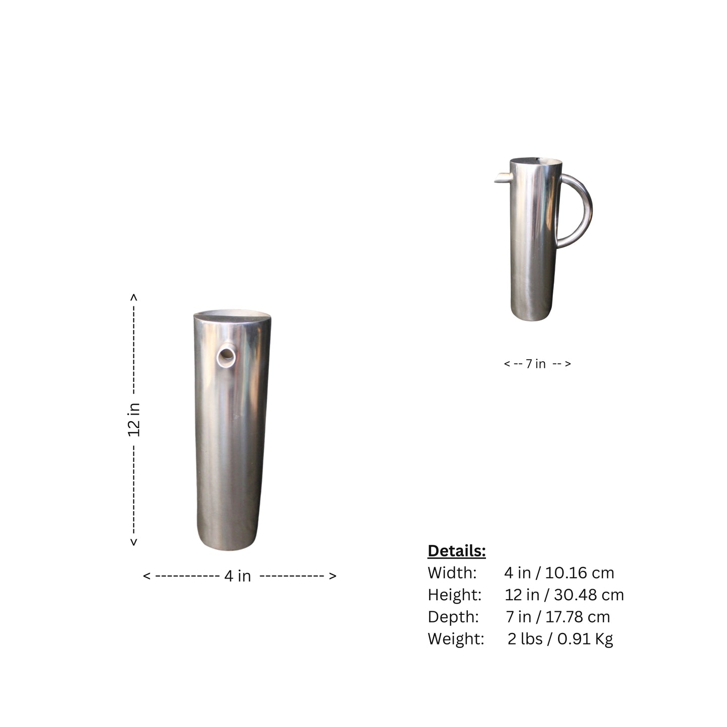 Attention all collectors and design enthusiasts! Introducing our sleek and rare water pitcher, with a modern Industrial design and impressive size. This tall and shiny stainless-steel cylinder holds 60 ounces of refreshing tap or bottled water, featuring a convenient "C" handle and angled spout for a stylish pour. Get yours today before it's gone!