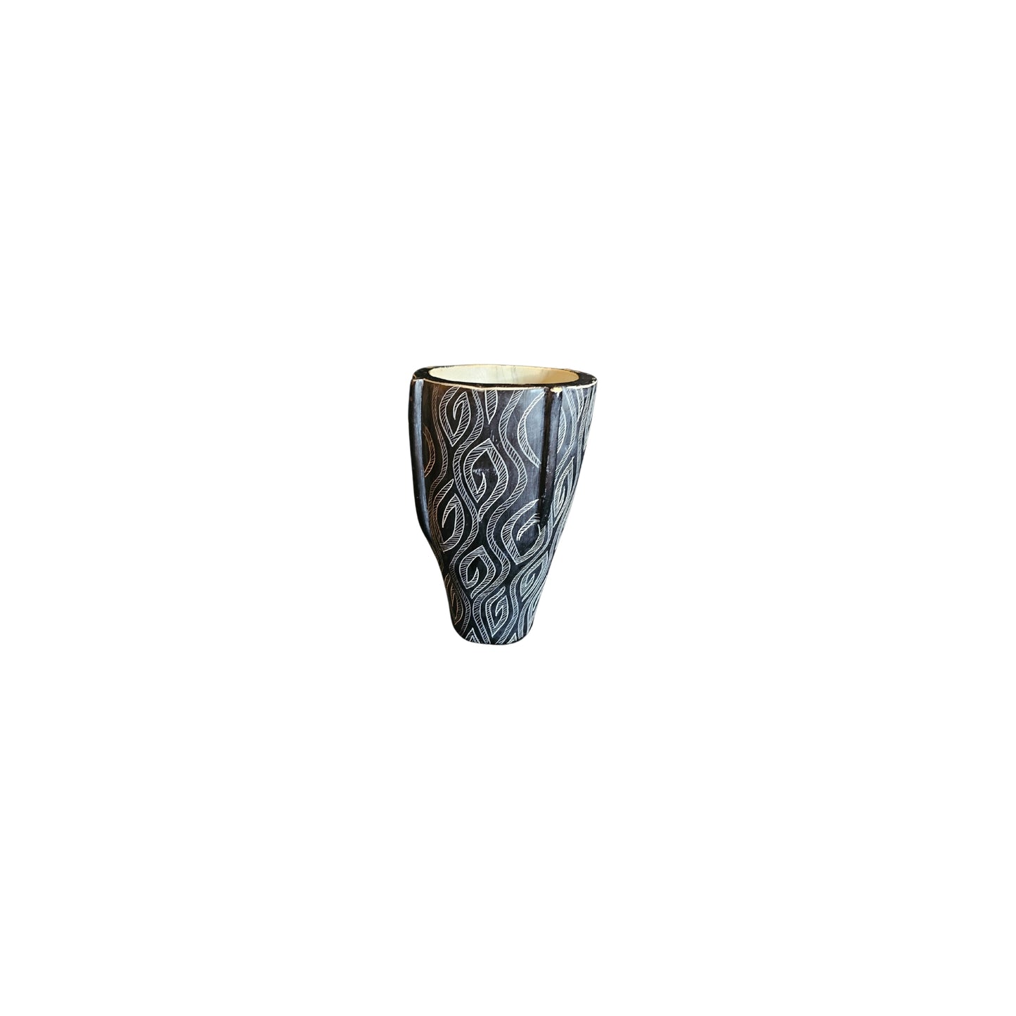 Immerse yourself in the rich culture and stunning beauty of Africa with this rare vase made of resin featuring indigenous designs. Versatile and solid, it can be used for flower arrangements or as a rustic and eclectic centerpiece that will add elegance to any decor.