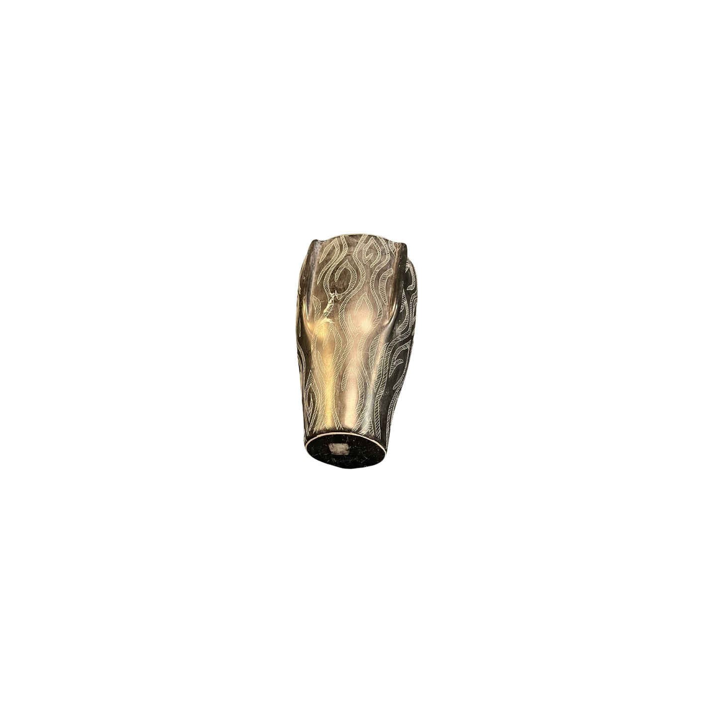 Immerse yourself in the rich culture and stunning beauty of Africa with this rare vase made of resin featuring indigenous designs. Versatile and solid, it can be used for flower arrangements or as a rustic and eclectic centerpiece that will add elegance to any decor.