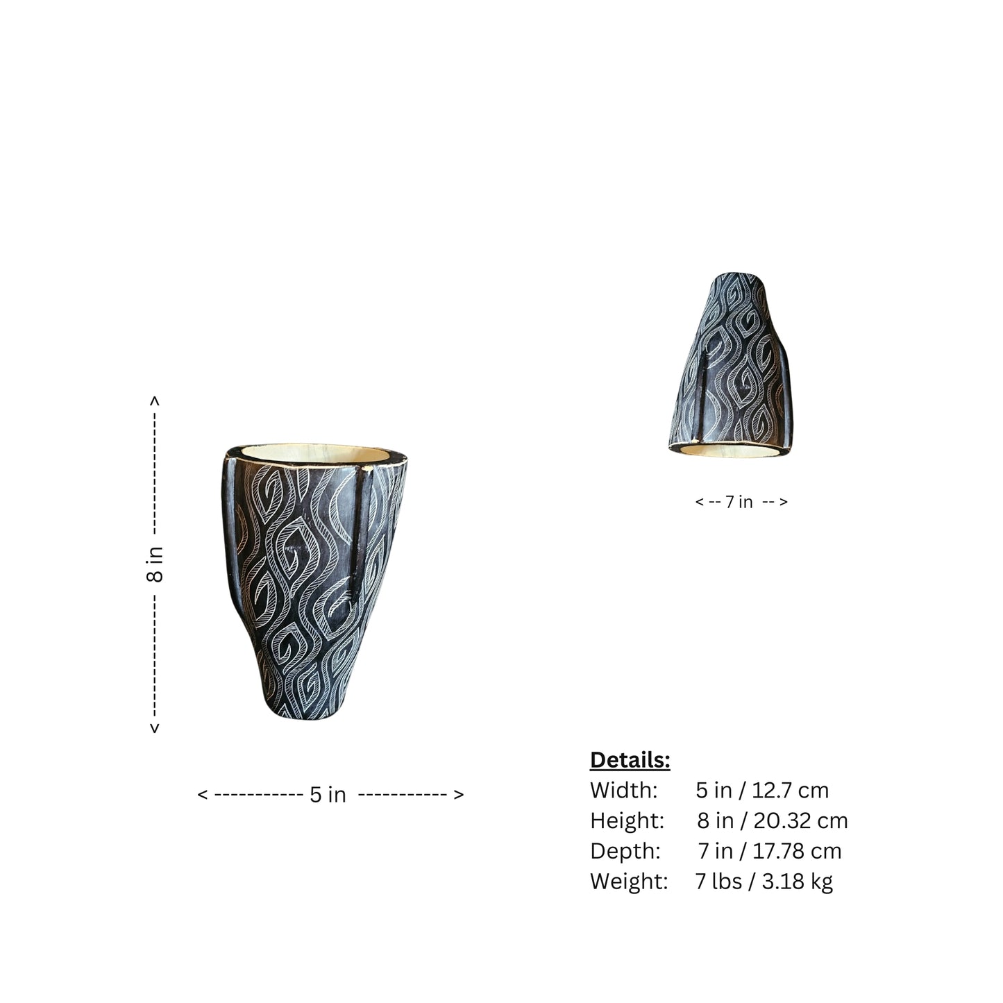 Immerse yourself in the rich culture and stunning beauty of Africa with this rare vase made of resin featuring indigenous designs. Versatile and solid, it can be used for flower arrangements or as a rustic and eclectic centerpiece that will add elegance to any decor.