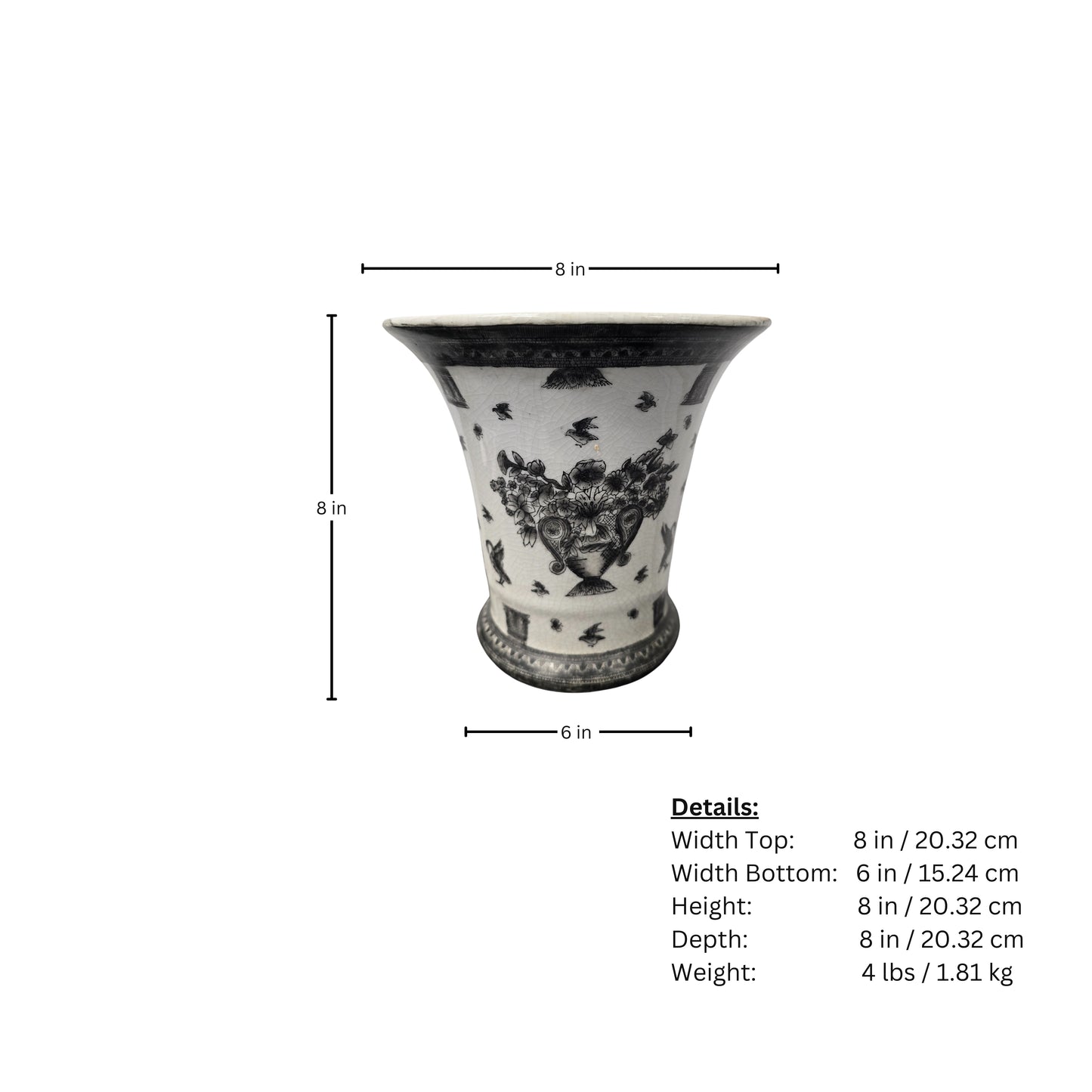 Decorative vase measurement page with black and white design on a white background