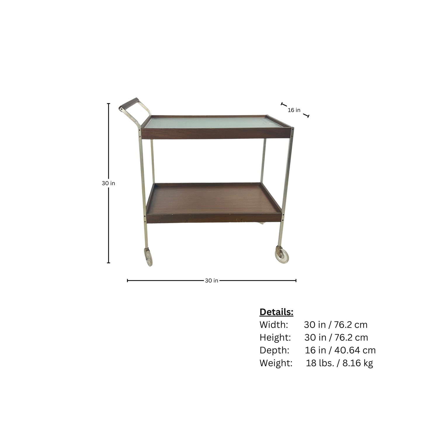 Page of measurements of heated cart with hot tray of glass and wood mid-century modern style SALTON from the 1960s on white background