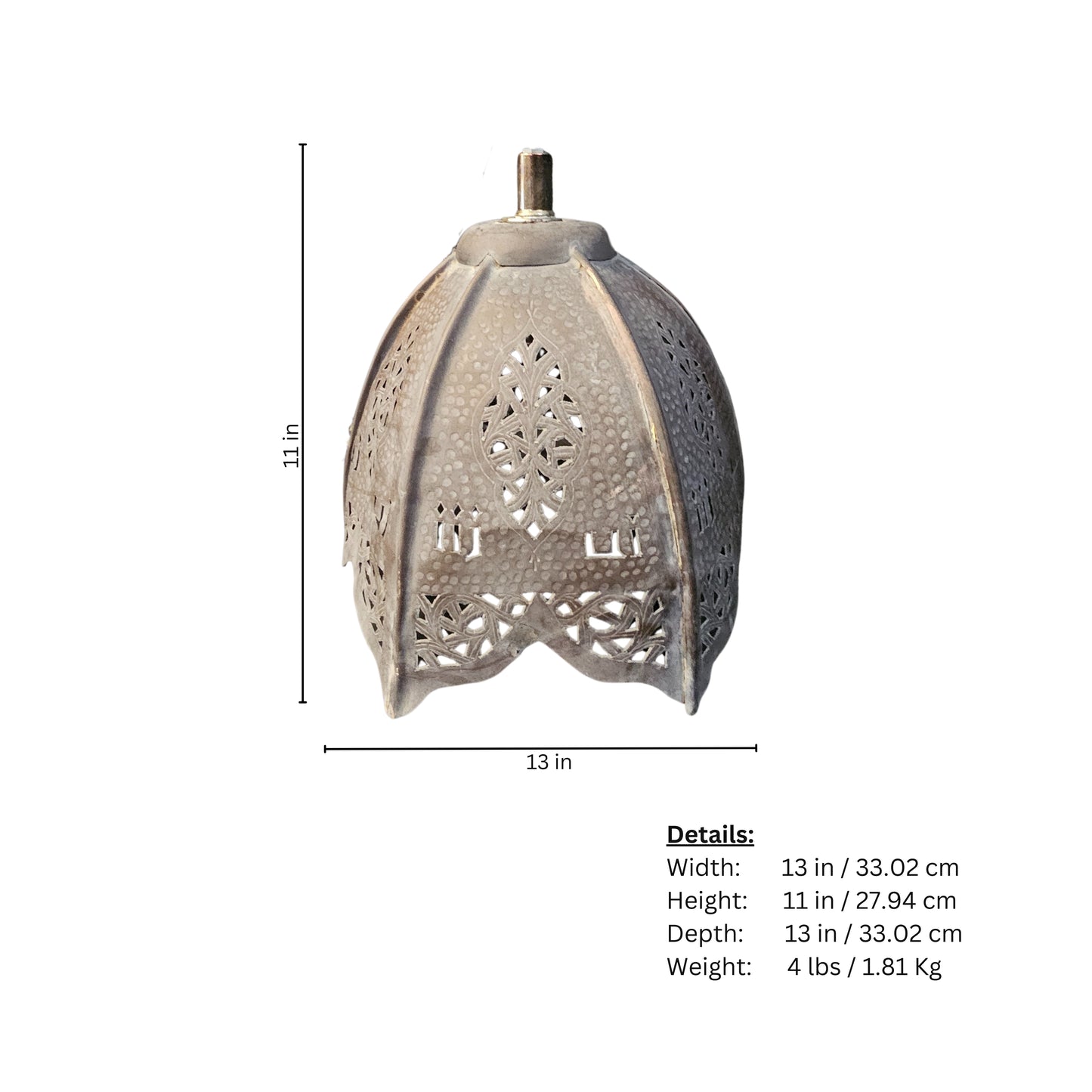 Page of measurements for a bronze hanging lamp with Moroccan design on a white background
