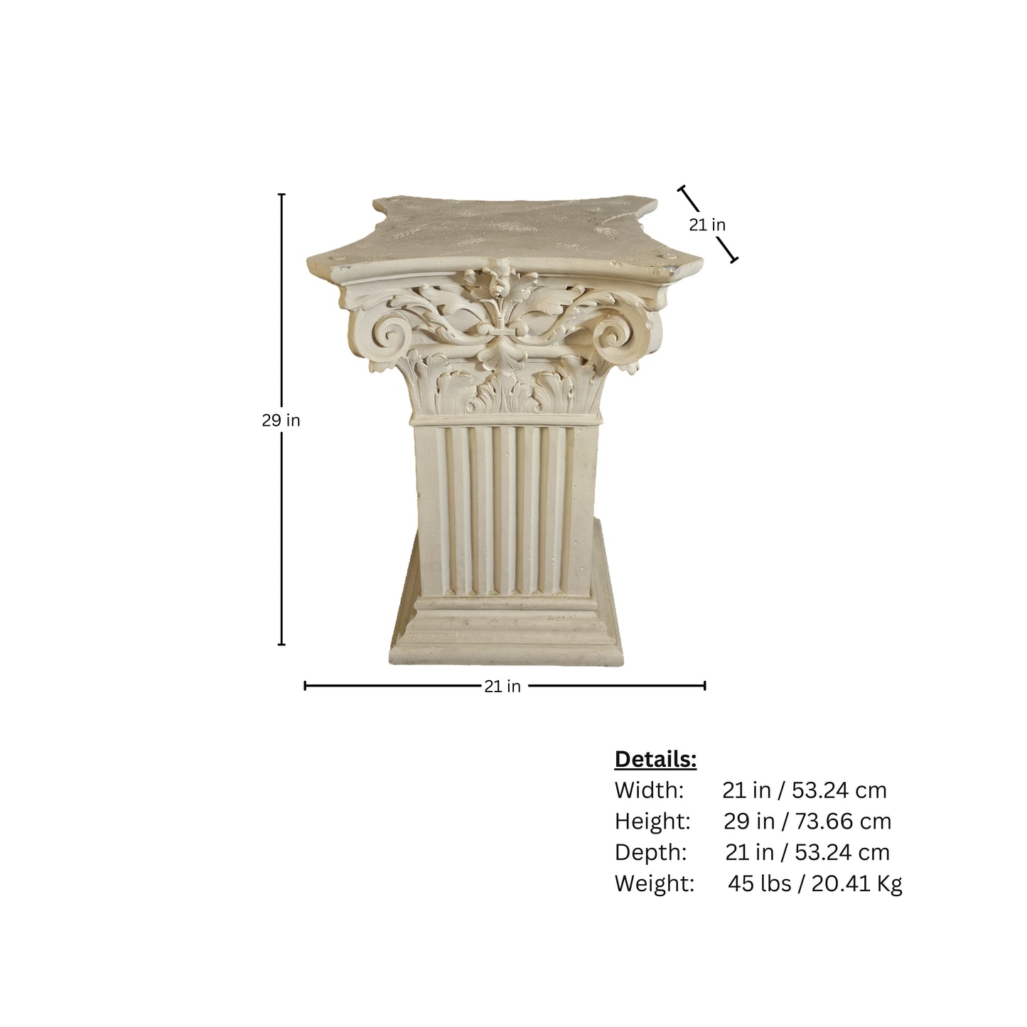Decorative column with dimensions and weight details on a white background