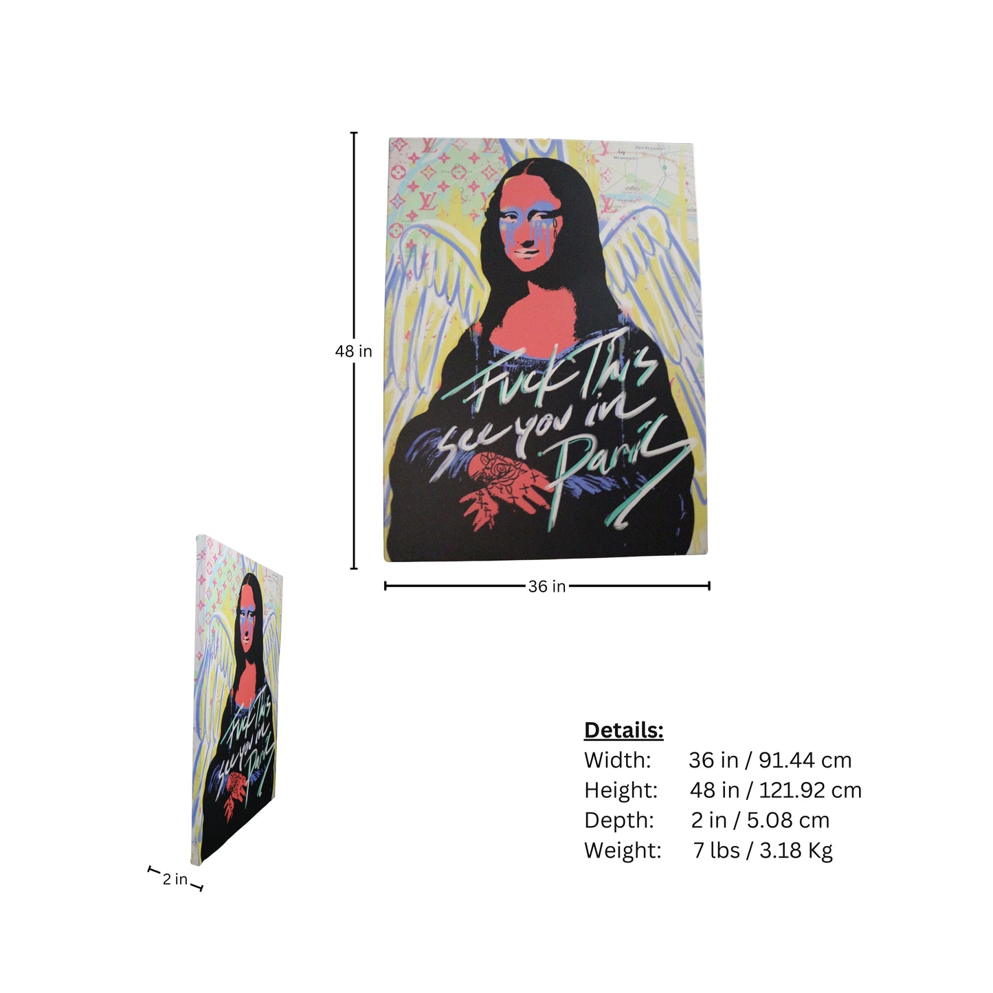 The measurement page of the canvas 'Fuck This' by Urban Monalisa is a peculiar piece, mass-produced, that is rare and hard to get in an urban style.