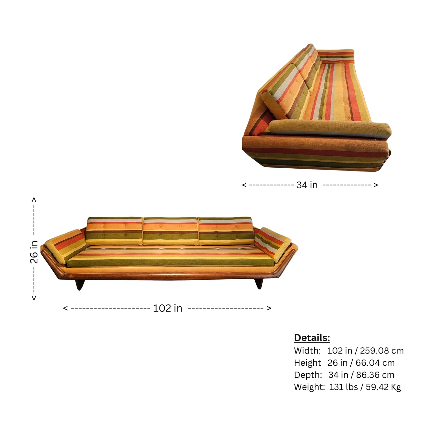 This amazing gondola sofa, crafted by Adrian Pearsall for Craft Associates, features a solid walnut frame and period tweed fabric. The front is adorned with solid walnut accents and the legs are sculpted from walnut. With its angled arms and customized side pillows, this sofa is perfect for reclining and relaxing.