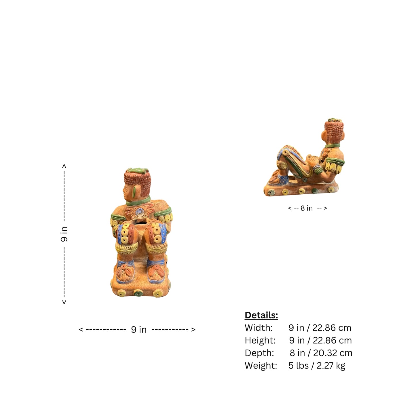 Experience the rich and vibrant culture of Mesoamerica through this stunning terracotta sculpture. Each piece is handcrafted by skilled indigenous artisans, representing centuries of tradition and cultural heritage. Add a touch of history and art to your home with these unique and beautifully crafted sculpture. Don't miss out on the opportunity to own a piece of history and support indigenous communities.