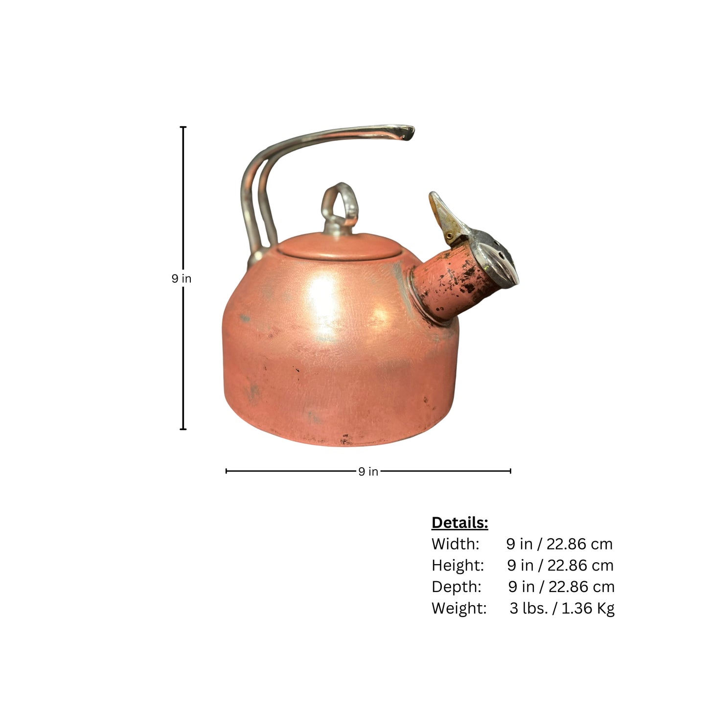 Copper kettle with dimensions and weight details on a white background