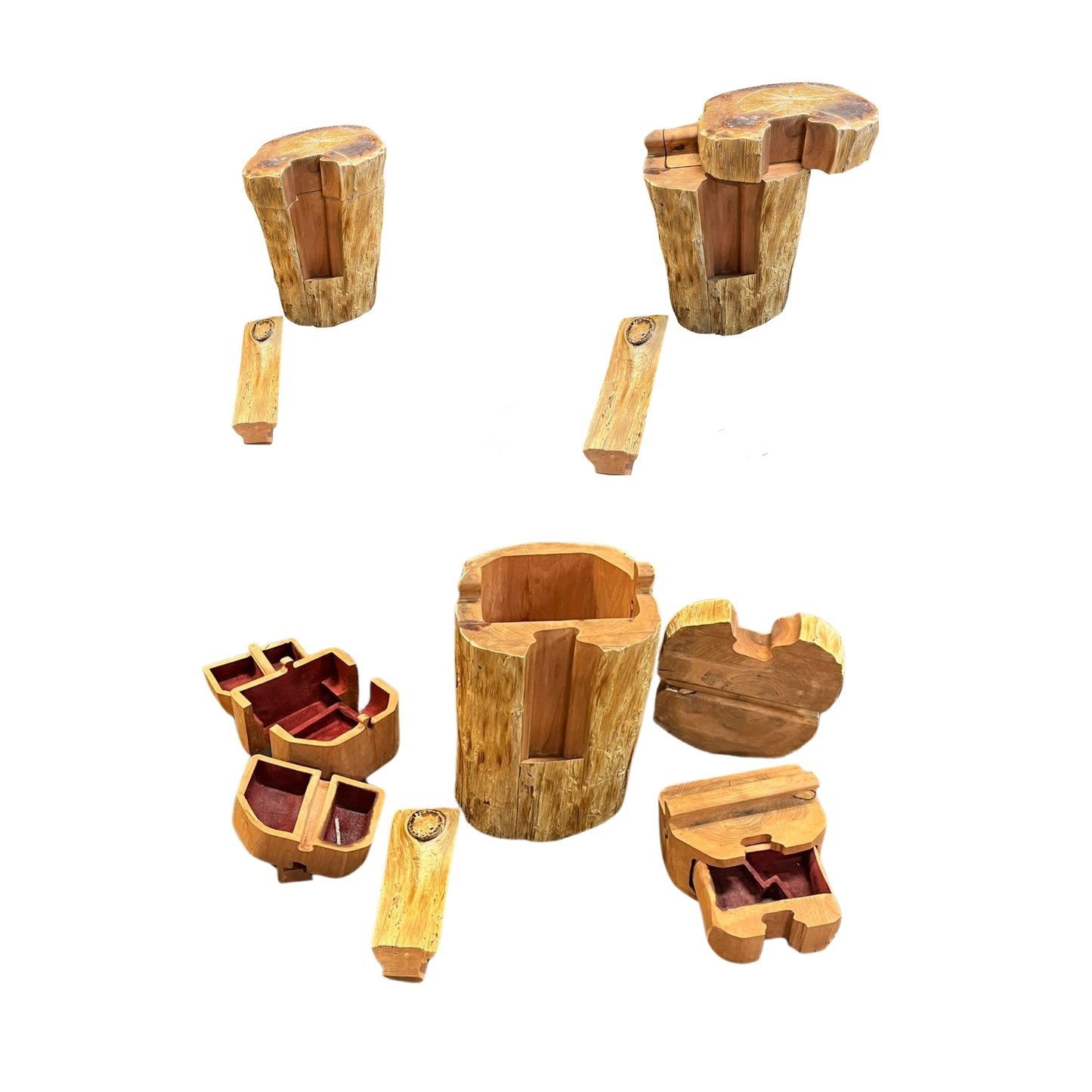 As a jewelry enthusiast, you cannot miss out on this one-of-a-kind wood trunk jewelry box. Hand-carved in the 80's, this puzzle box boasts an abstract design and four hidden compartments, ideal for storing up to 8 of your favorite pieces. With a length of 12 inches and a width of 9 inches, this durable and stylish box can accommodate all types of jewelry, from necklaces to body jewelry. Lined with velvet, it exudes luxury and sophistication. The puzzle design adds an element of fun and intrigue, while the s