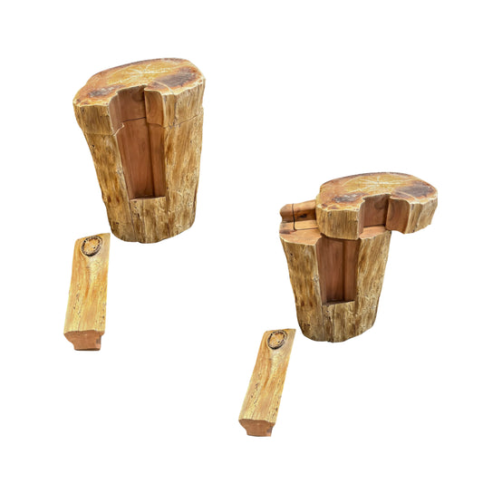 View of wooden jewelry box pieces, which come apart like a puzzle, in a rustic style