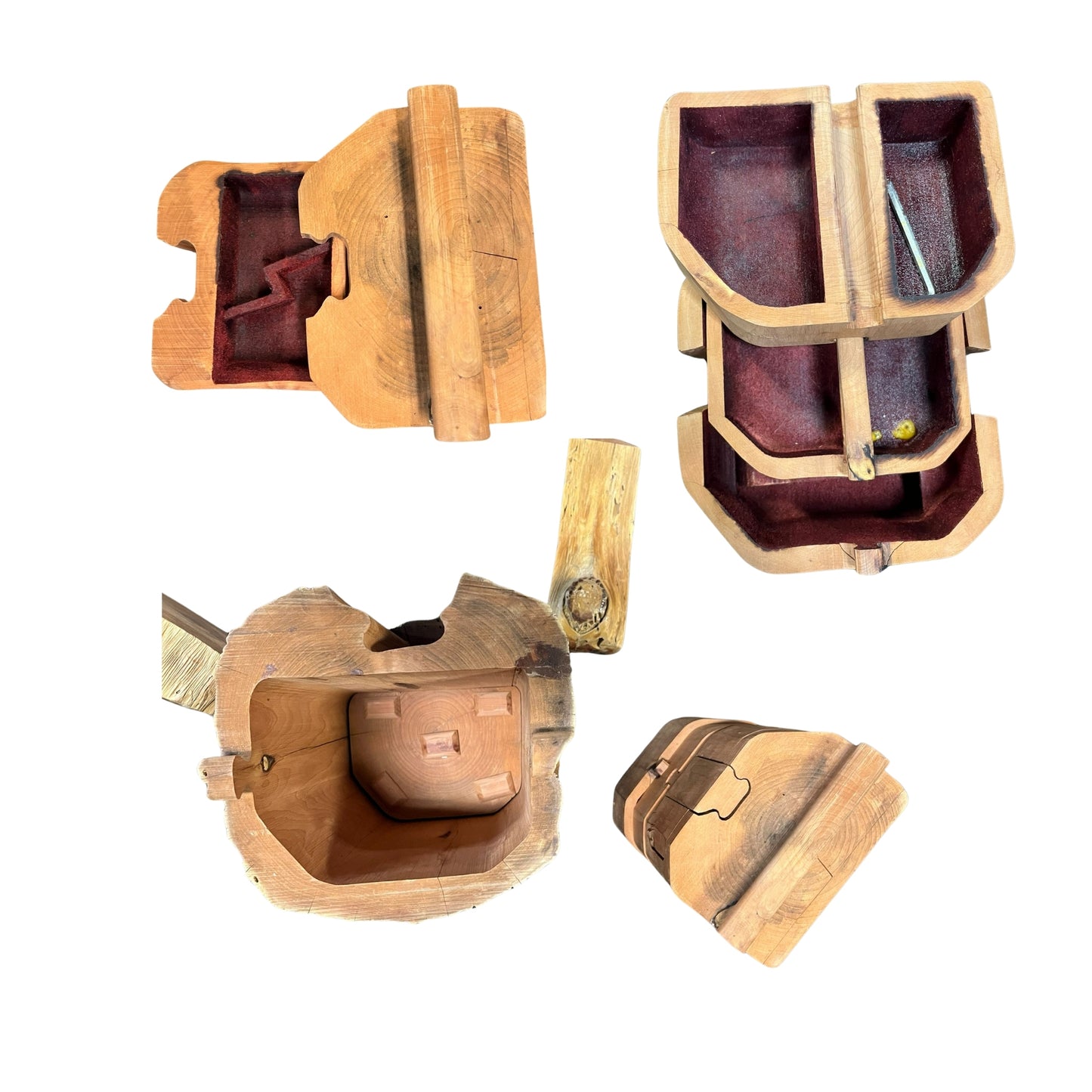 As a jewelry enthusiast, you cannot miss out on this one-of-a-kind wood trunk jewelry box. Hand-carved in the 80's, this puzzle box boasts an abstract design and four hidden compartments, ideal for storing up to 8 of your favorite pieces. With a length of 12 inches and a width of 9 inches, this durable and stylish box can accommodate all types of jewelry, from necklaces to body jewelry. Lined with velvet, it exudes luxury and sophistication. The puzzle design adds an element of fun and intrigue, while the s