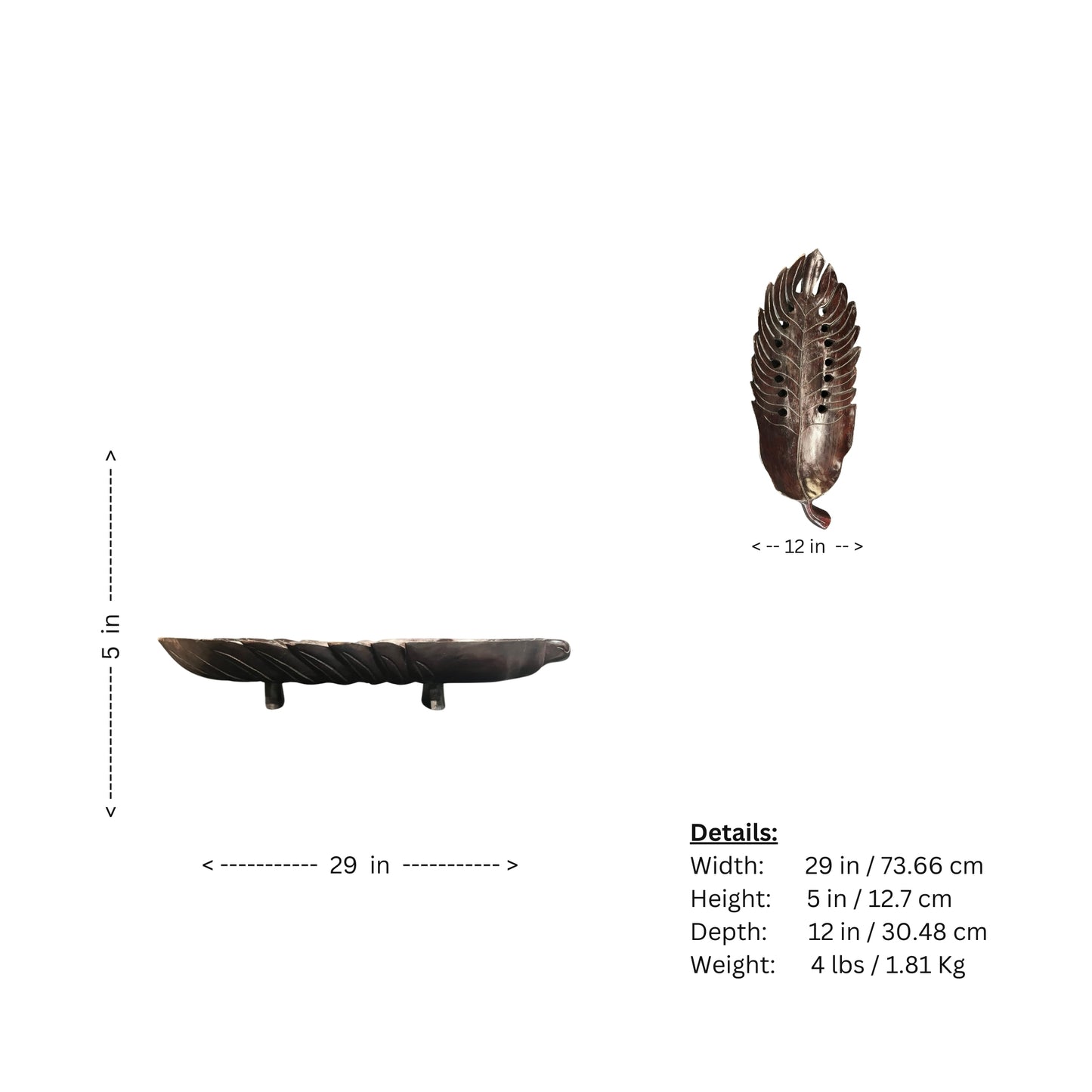 Take a risk and add an organic touch to your home decor with this Philodendron leaf wood carved tray. Made from earthy wood and carved to perfection, this tray is a bold and adventurous addition to any space. Spruce up your home with this unique and natural piece.
Beautifully wood-carved tray in leaf details and mahogany stained, a conversation centerpiece