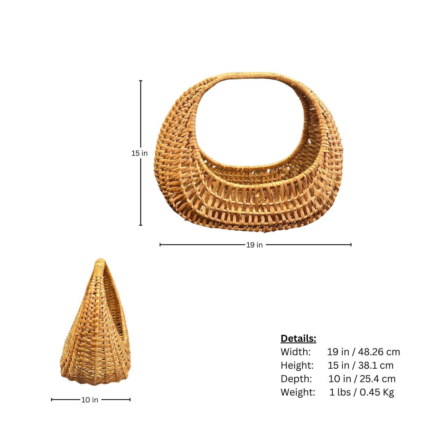 Page of measurements of a large rattan and wicker basket with natural vintage half-moon