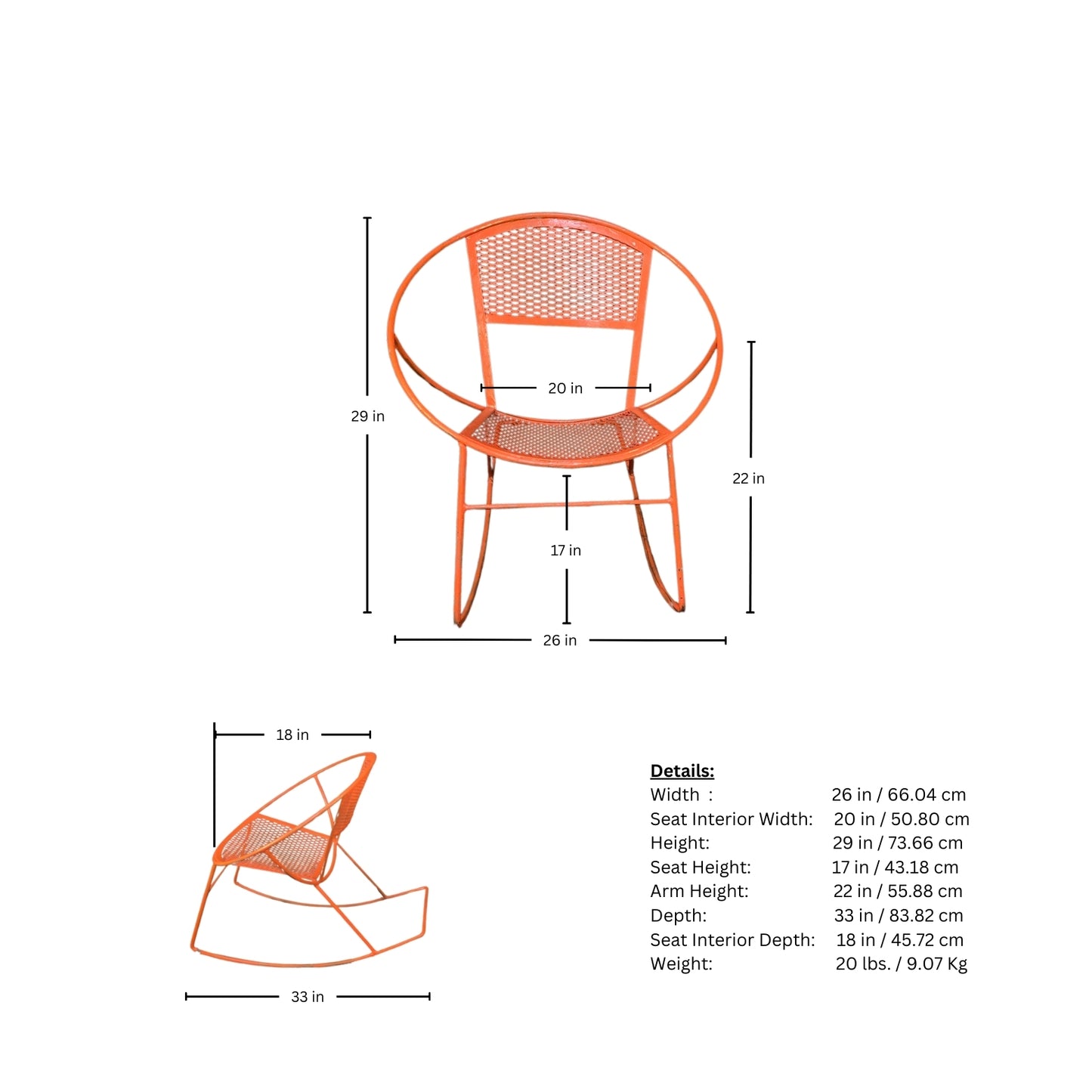 Page of measurements of an orange wrought iron rocking chair on a white background
