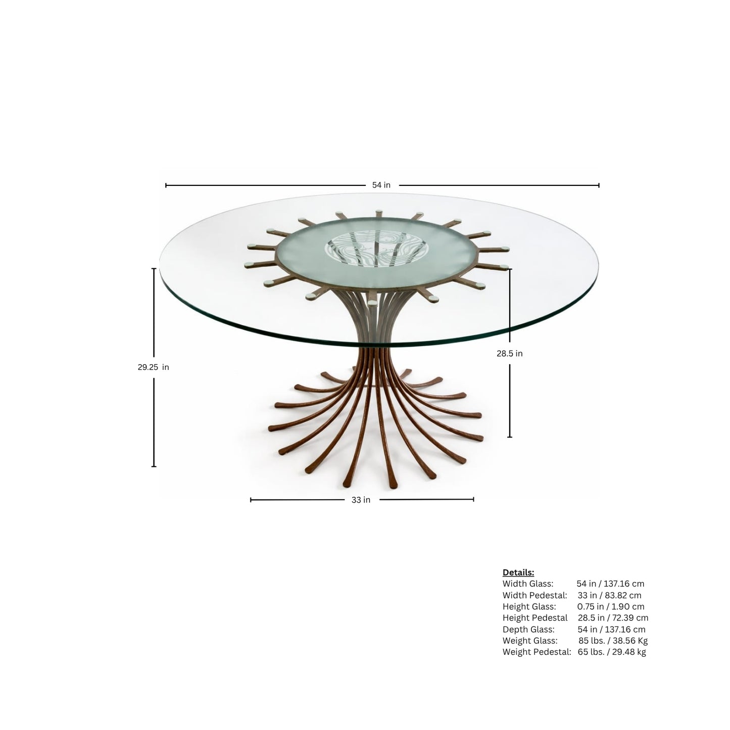 pages of measurements of a table composed of a hammered iron pedestal and a carved glass top double white bottom