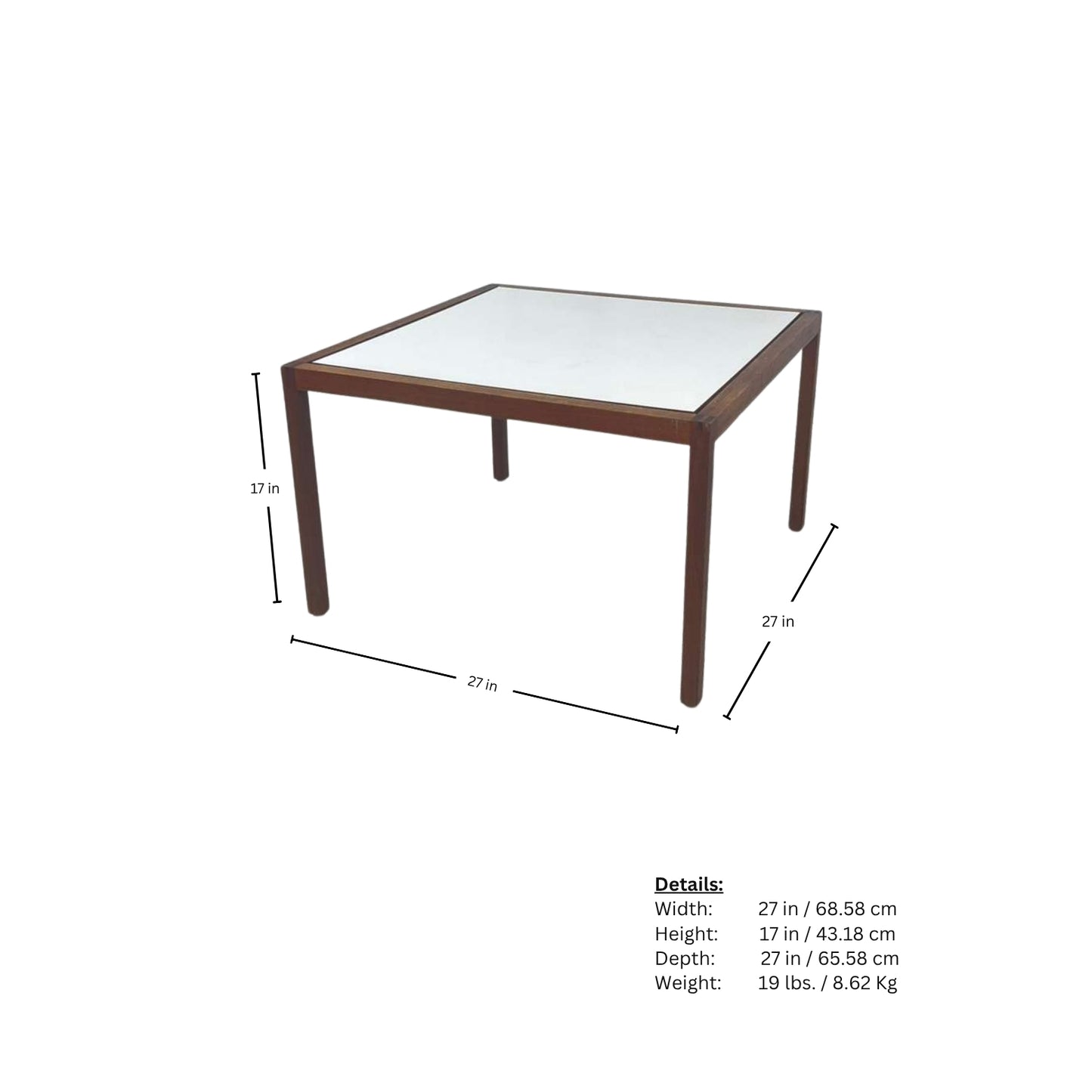 Measurement page of Knoll walnut side table and laminate on white