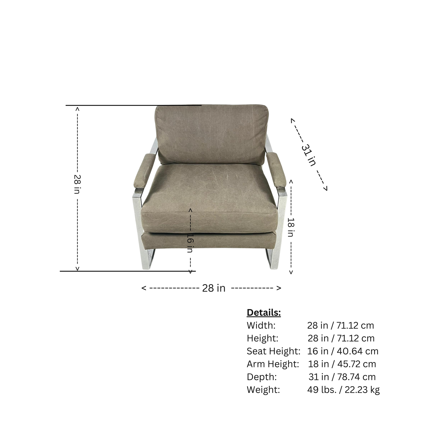 Measurements chart of a Chrome Lounge Chair
